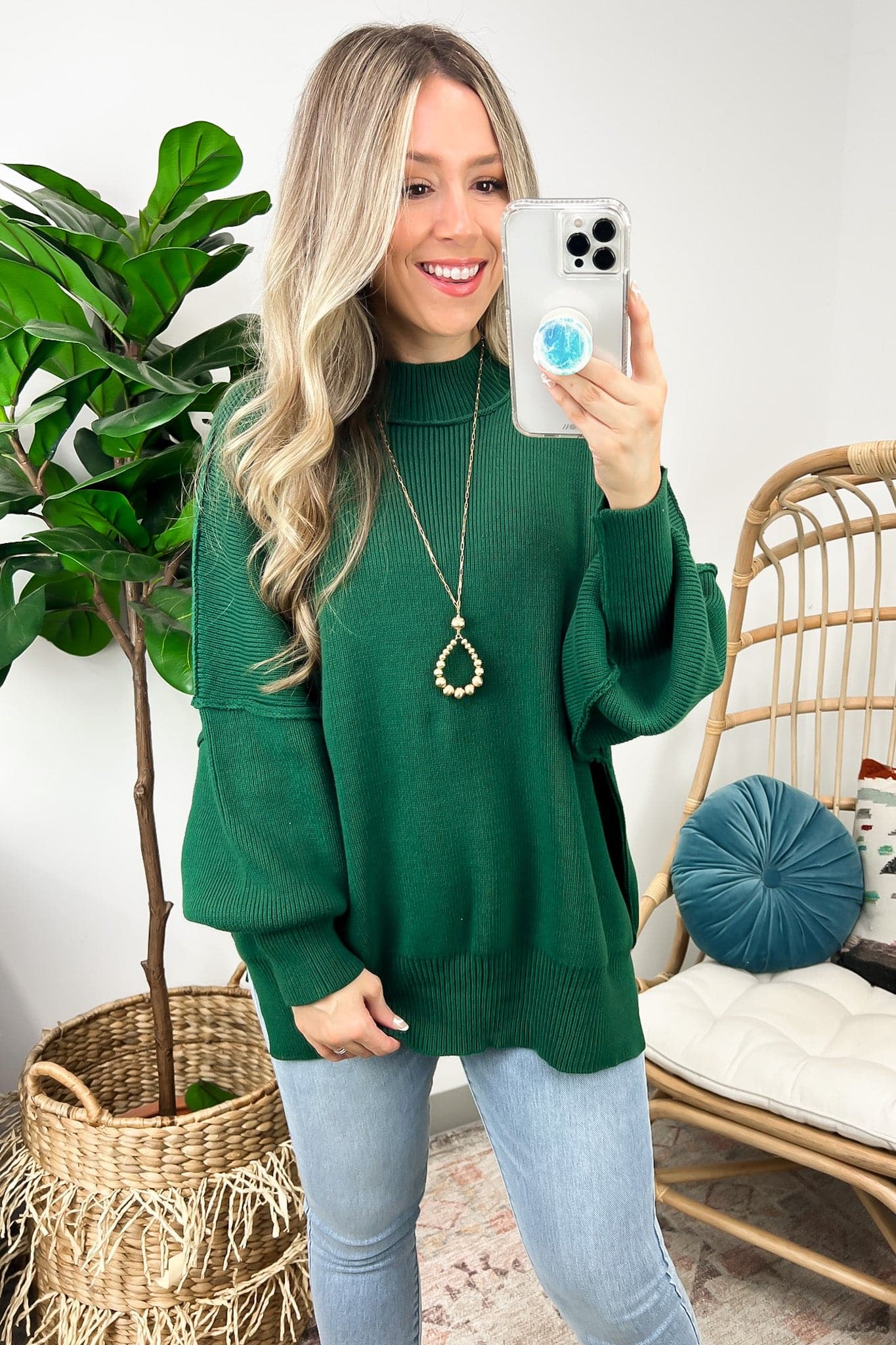 Dark Green / S Easy Retreat Oversized Side Slit Sweater - FINAL SALE - Madison and Mallory