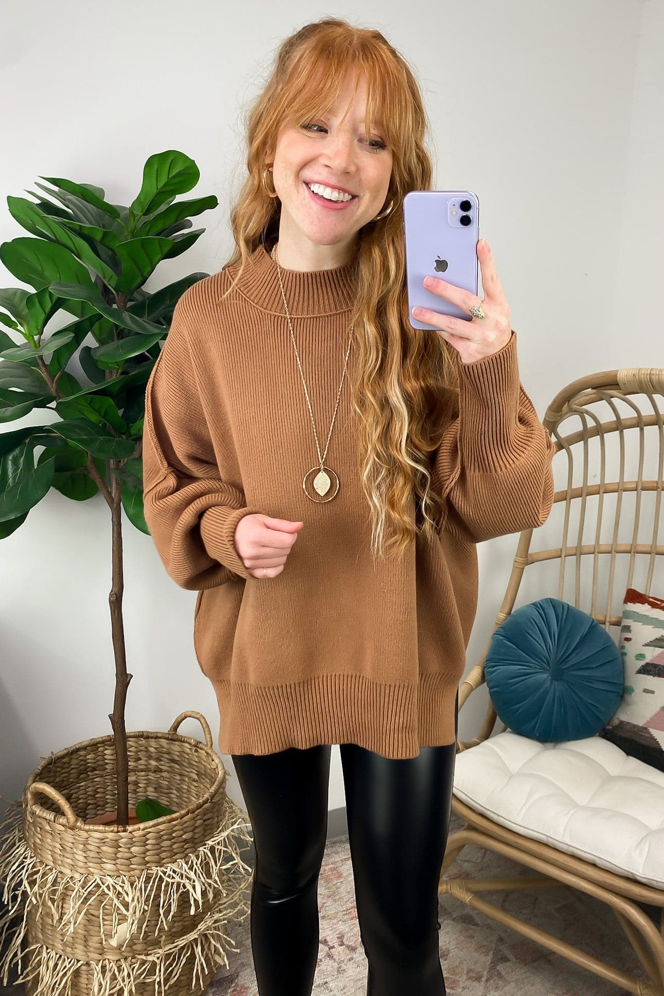 Deep Camel / S Easy Retreat Oversized Side Slit Sweater - FINAL SALE - Madison and Mallory