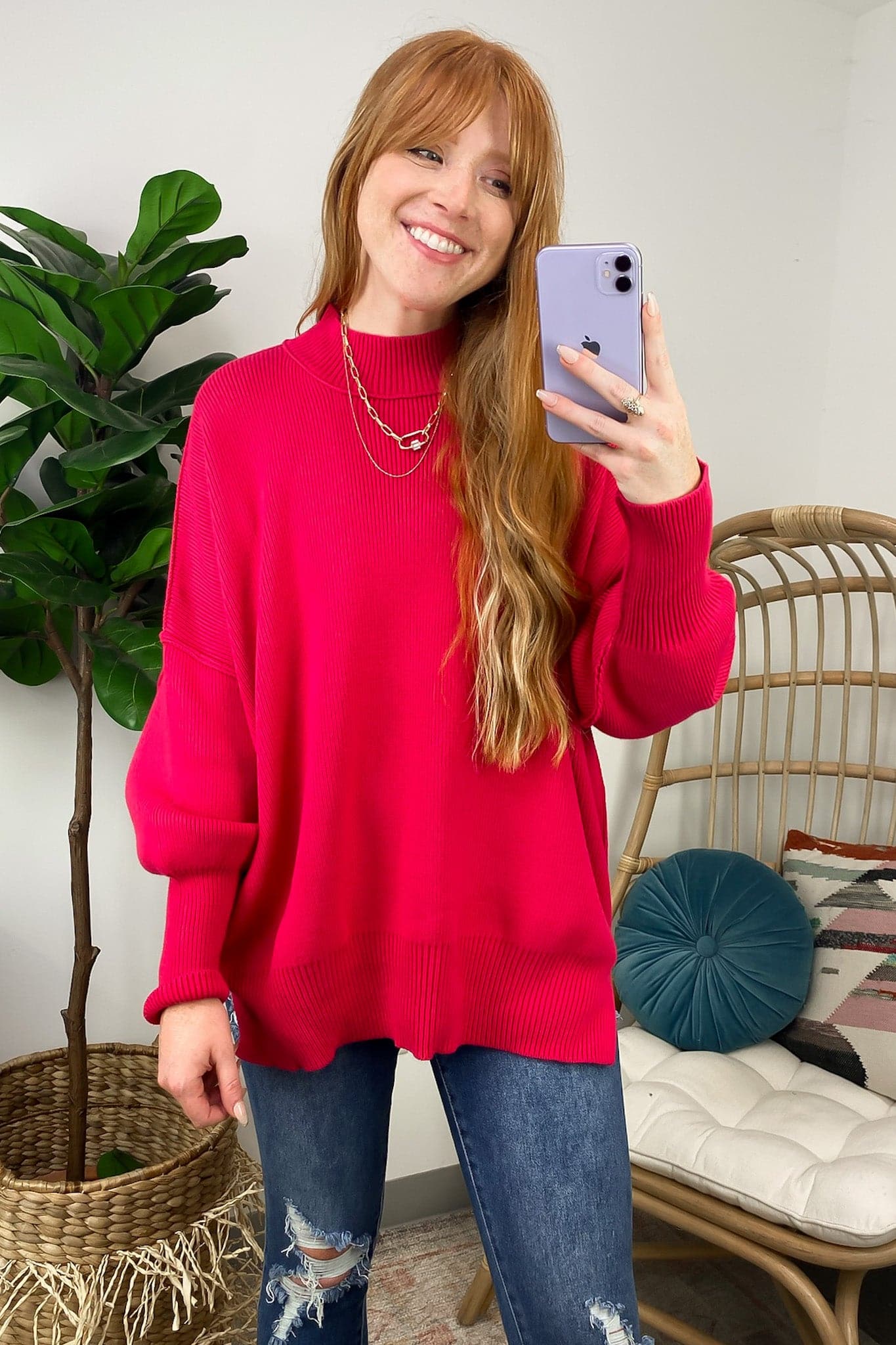 Viva Magenta / S Easy Retreat Oversized Side Slit Sweater - FINAL SALE - Madison and Mallory