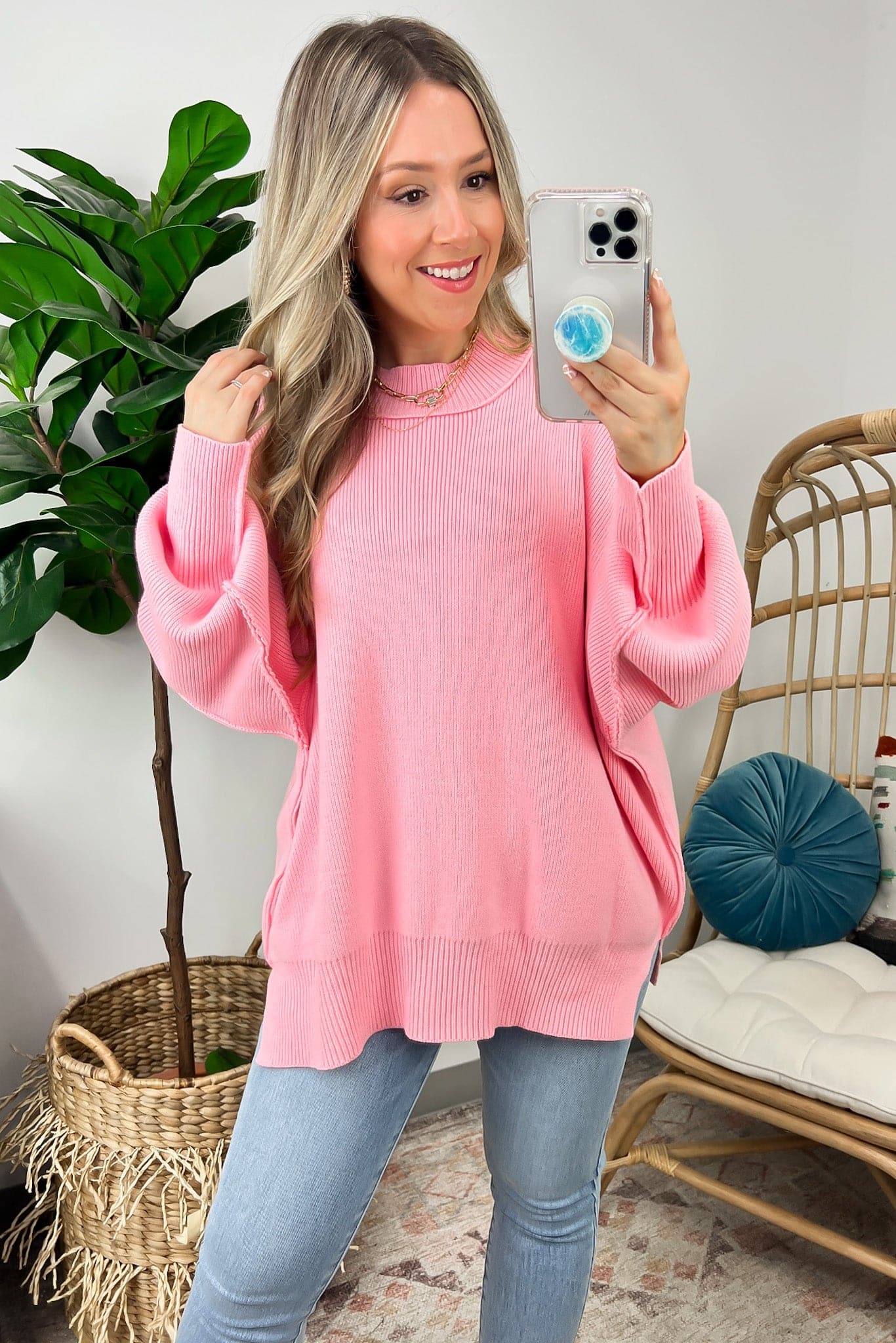 Dark Pink / S Easy Retreat Oversized Side Slit Sweater - FINAL SALE - Madison and Mallory