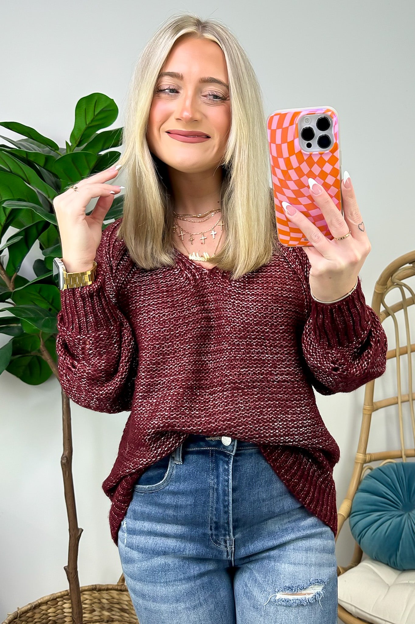 Wine / S Elain Puff Sleeve Eyelet Knit Sweater - FINAL SALE - Madison and Mallory