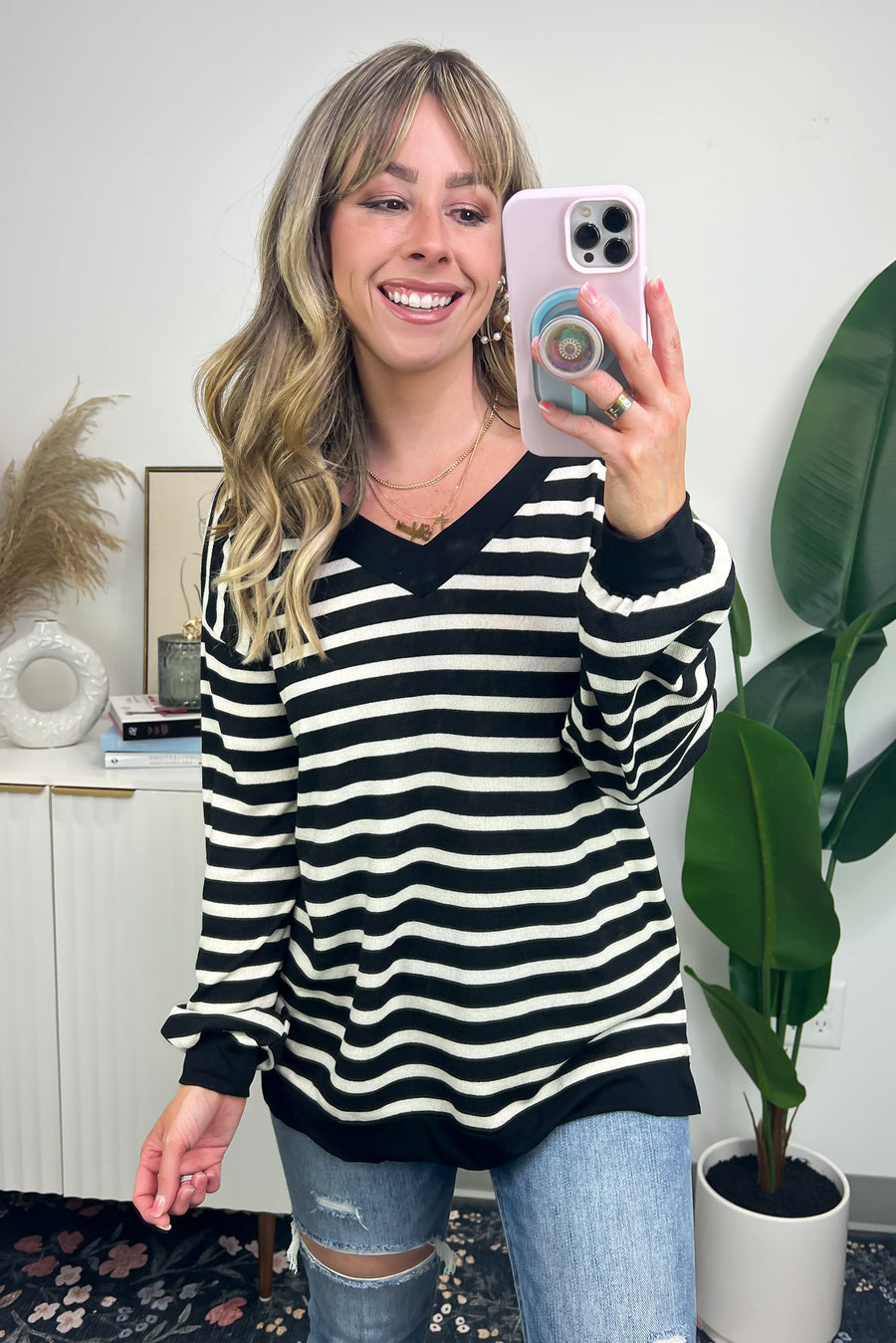 S / Black Elize V-Neck Long Sleeve Striped Top - Madison and Mallory