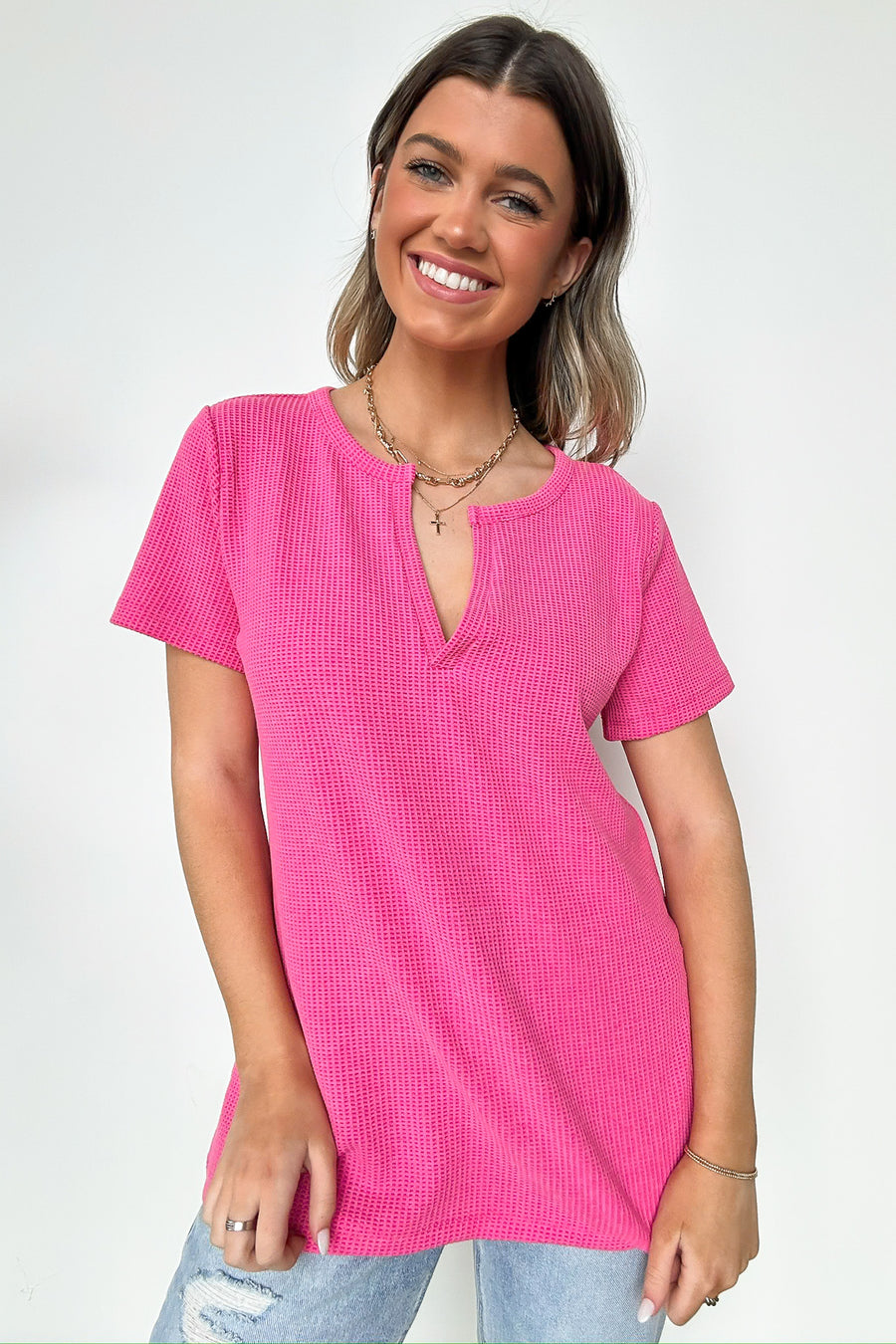 Fuchsia / S Ellie Waffle Knit V-Neck Top - BACK IN STOCK - Madison and Mallory