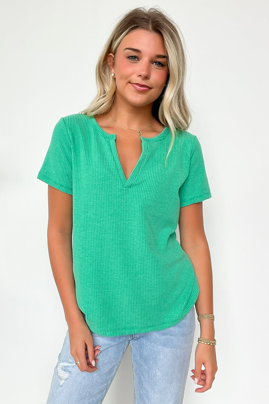 Kelly Green / S Ellie Waffle Knit V-Neck Top - BACK IN STOCK - Madison and Mallory