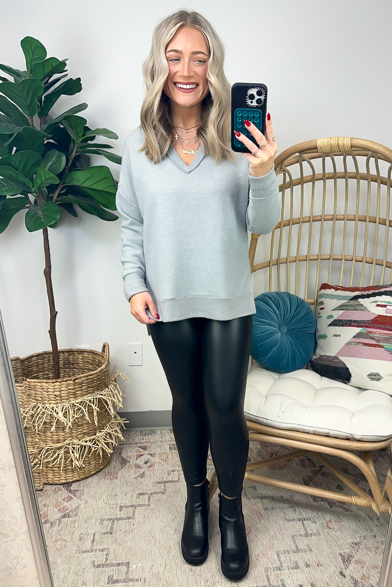 Elvy Long Sleeve Split V-Neck Brushed Knit Top - FINAL SALE - Madison and Mallory