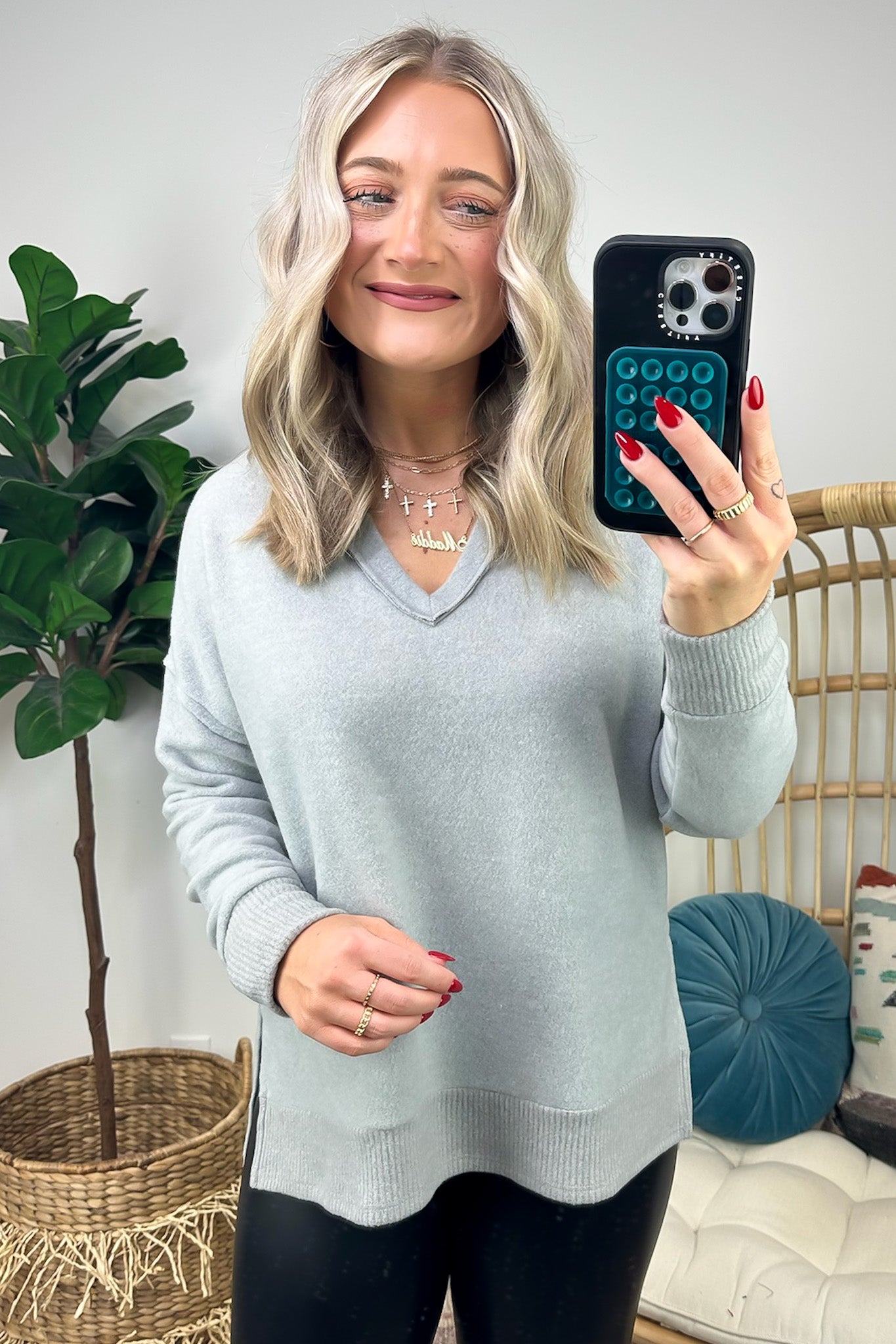 Elvy Long Sleeve Split V-Neck Brushed Knit Top - FINAL SALE - Madison and Mallory