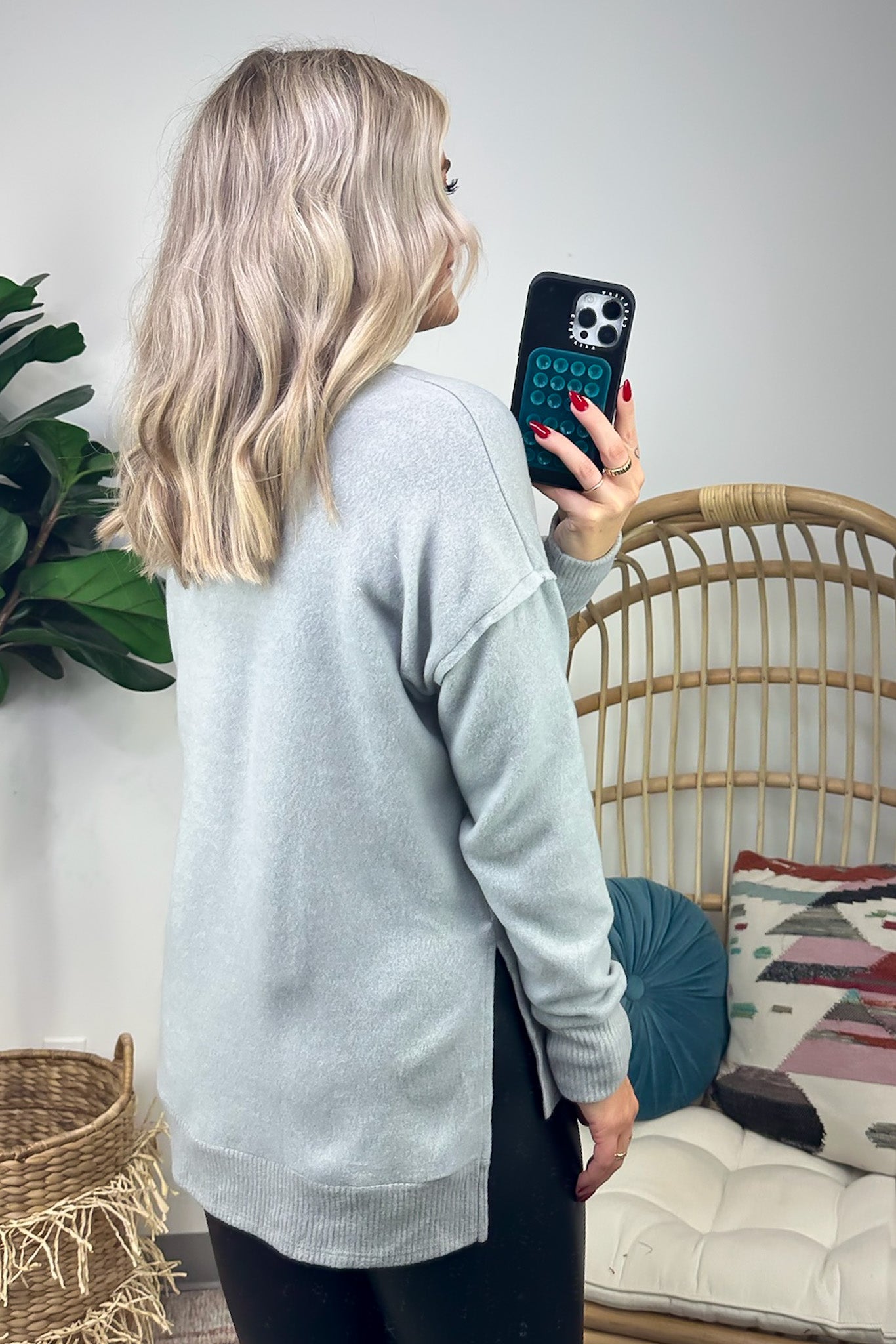 Elvy Long Sleeve Split V-Neck Brushed Knit Top - FINAL SALE - Madison and Mallory