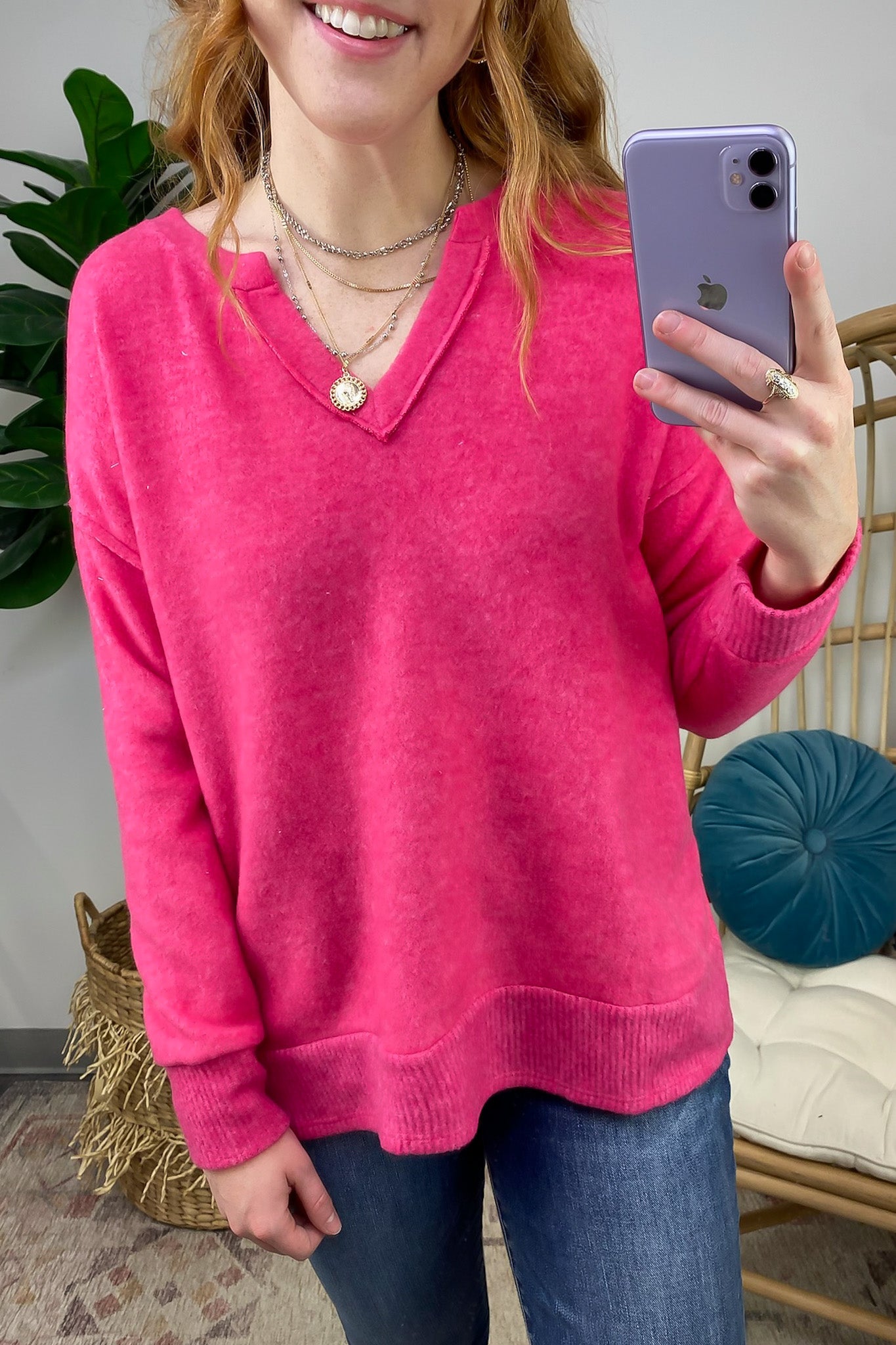 Elvy Long Sleeve Split V-Neck Brushed Knit Top - FINAL SALE - Madison and Mallory