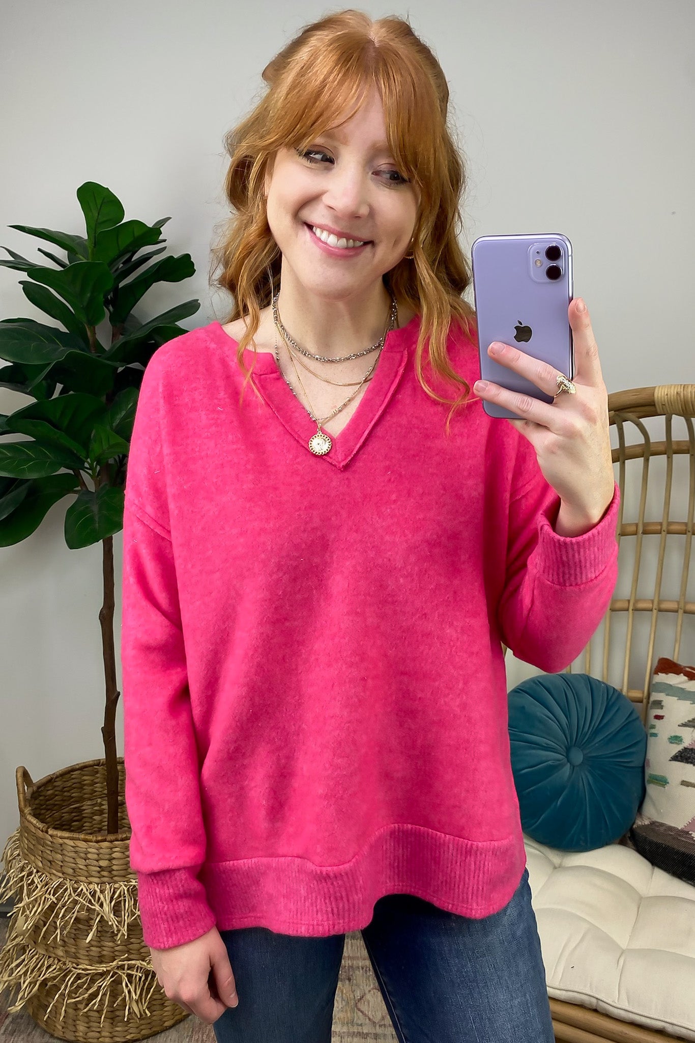 Hot Pink / S Elvy Long Sleeve Split V-Neck Brushed Knit Top - FINAL SALE - Madison and Mallory