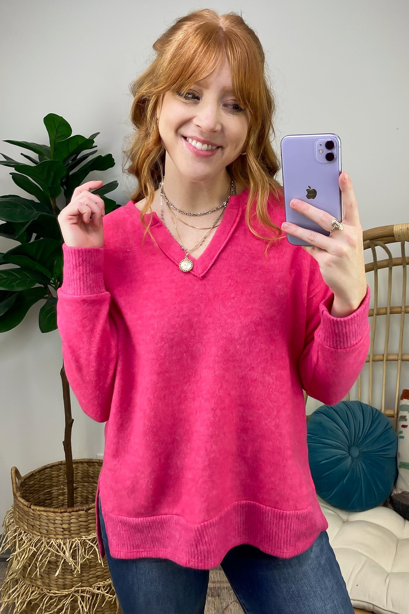 Elvy Long Sleeve Split V-Neck Brushed Knit Top - FINAL SALE - Madison and Mallory