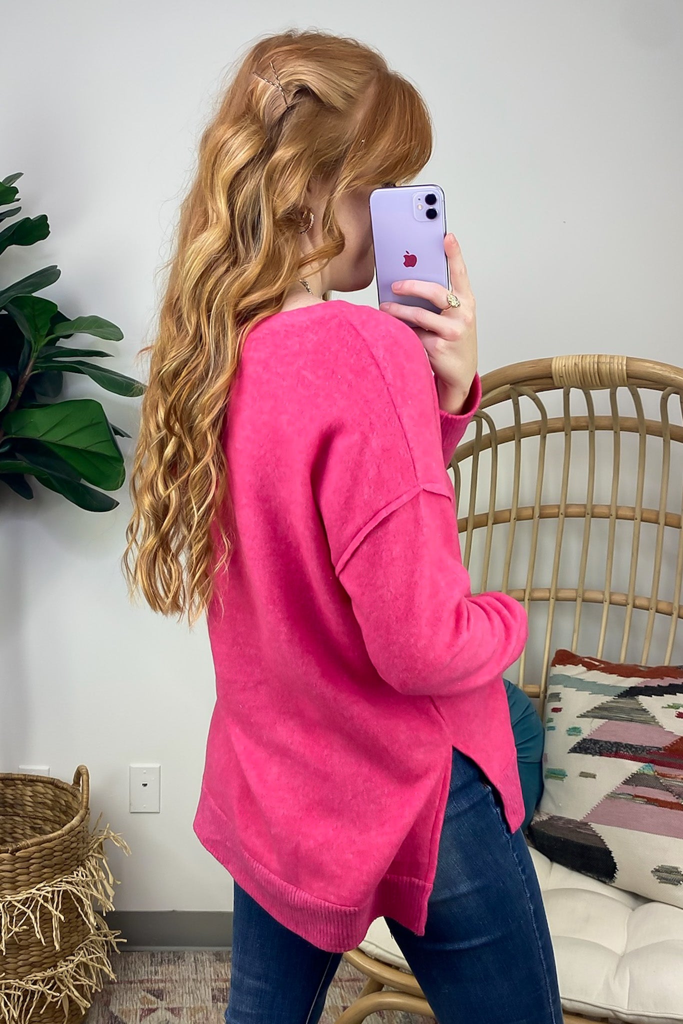 Elvy Long Sleeve Split V-Neck Brushed Knit Top - FINAL SALE - Madison and Mallory