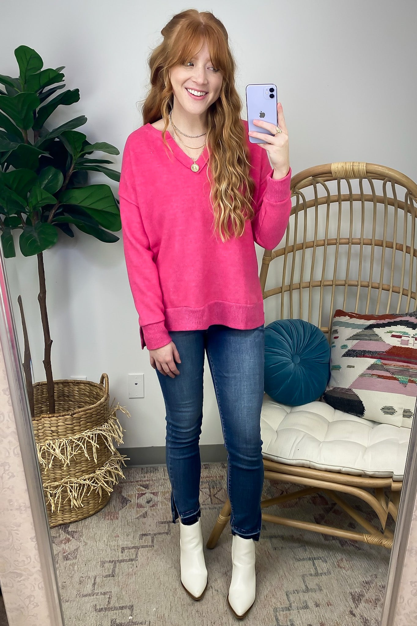 Elvy Long Sleeve Split V-Neck Brushed Knit Top - FINAL SALE - Madison and Mallory