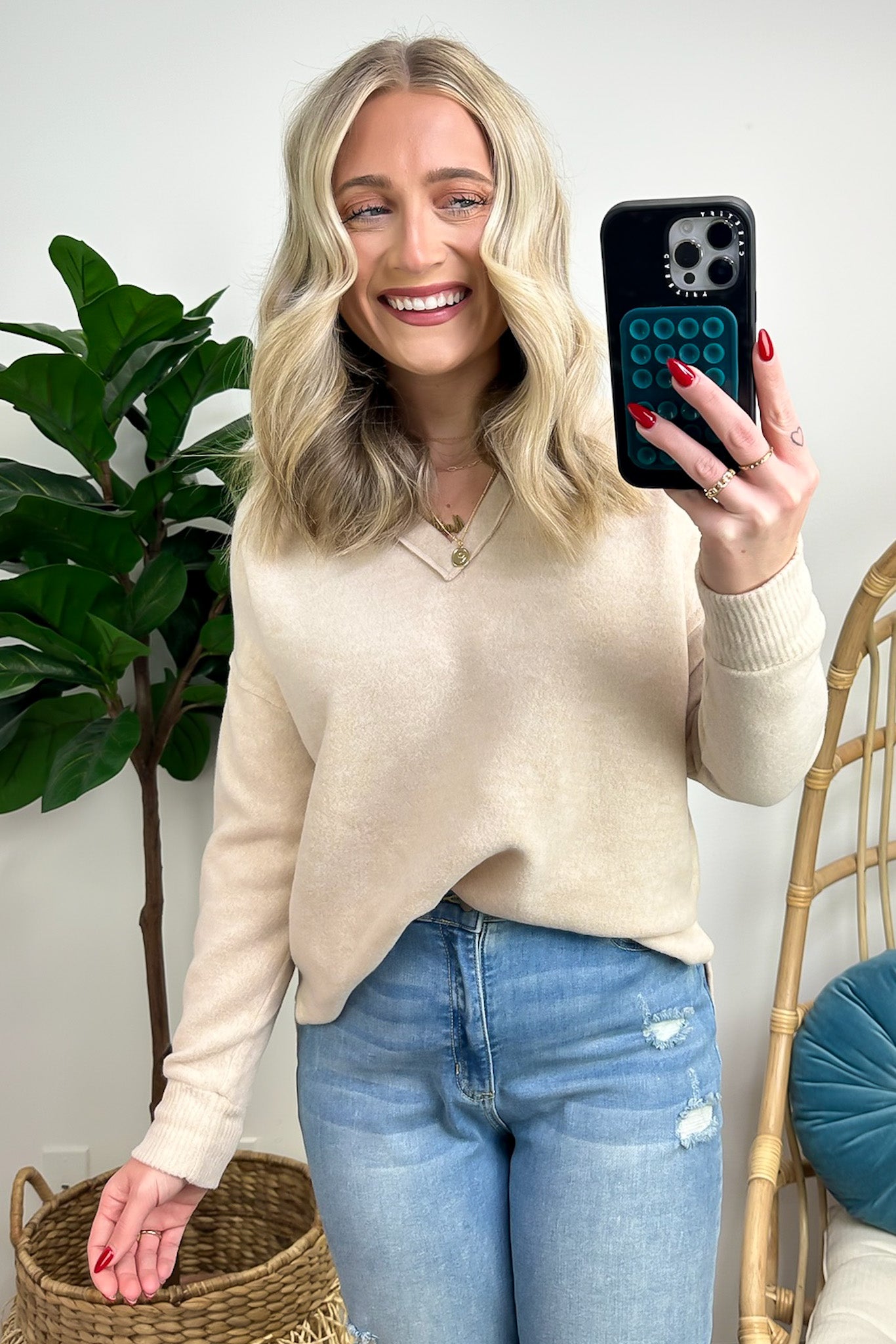 Oatmeal / S Elvy Long Sleeve Split V-Neck Brushed Knit Top - FINAL SALE - Madison and Mallory
