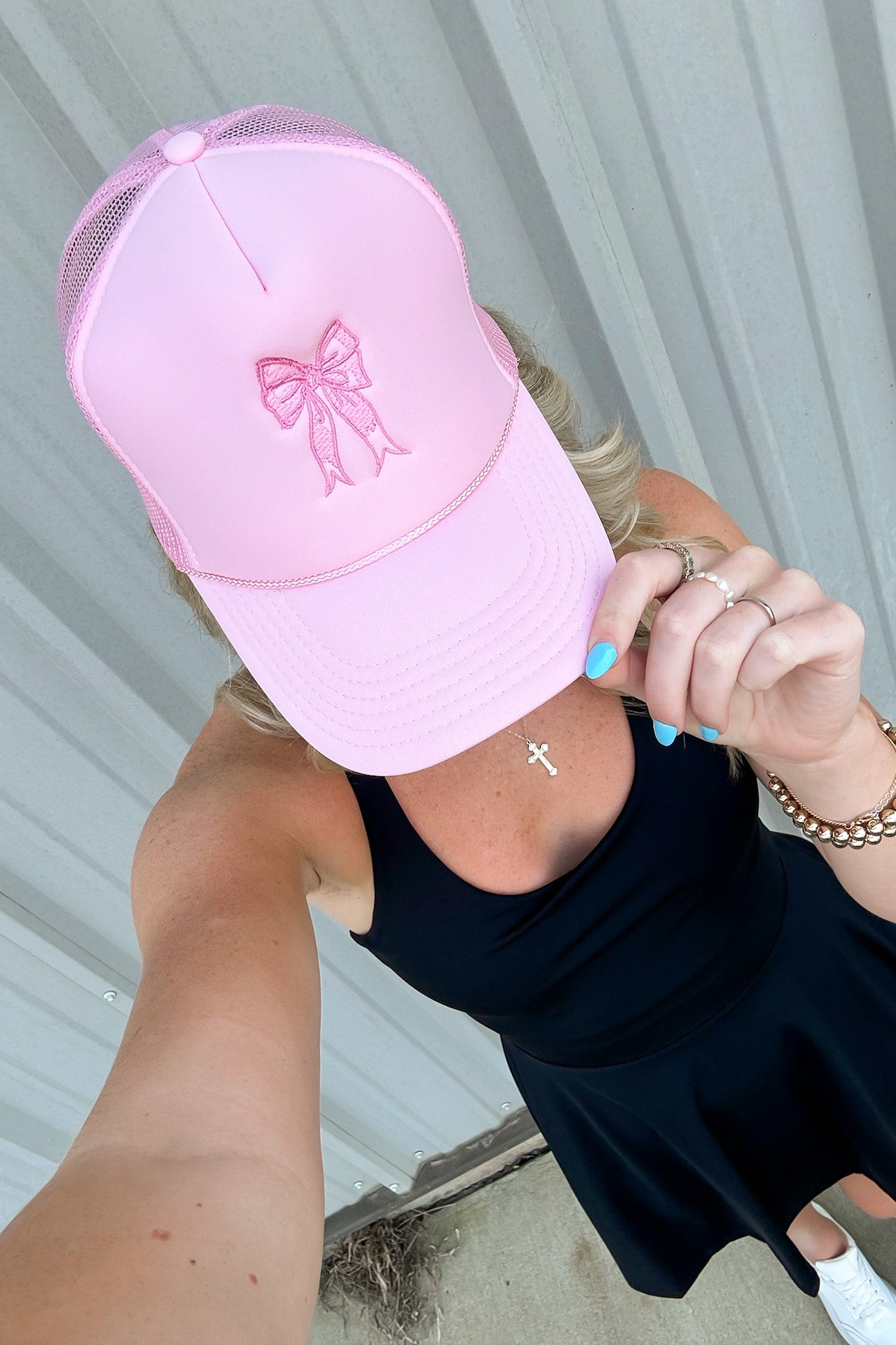 Pink Embroidered Bow Trucker Hat - Madison and Mallory