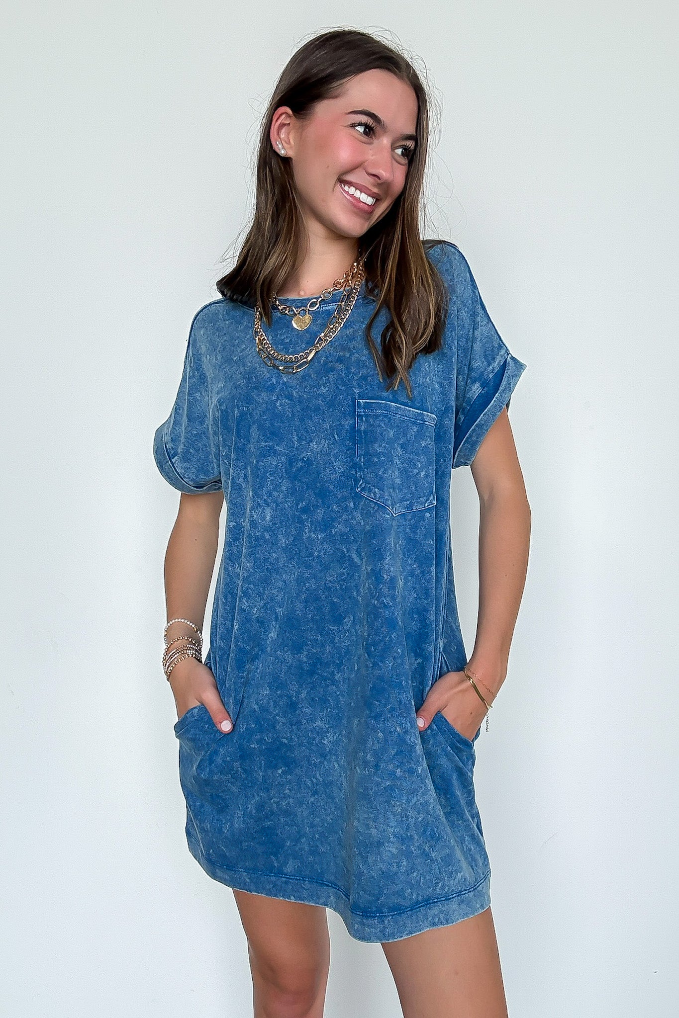 Classic Blue / S Essential Trend Acid Wash T-Shirt Dress - Madison and Mallory