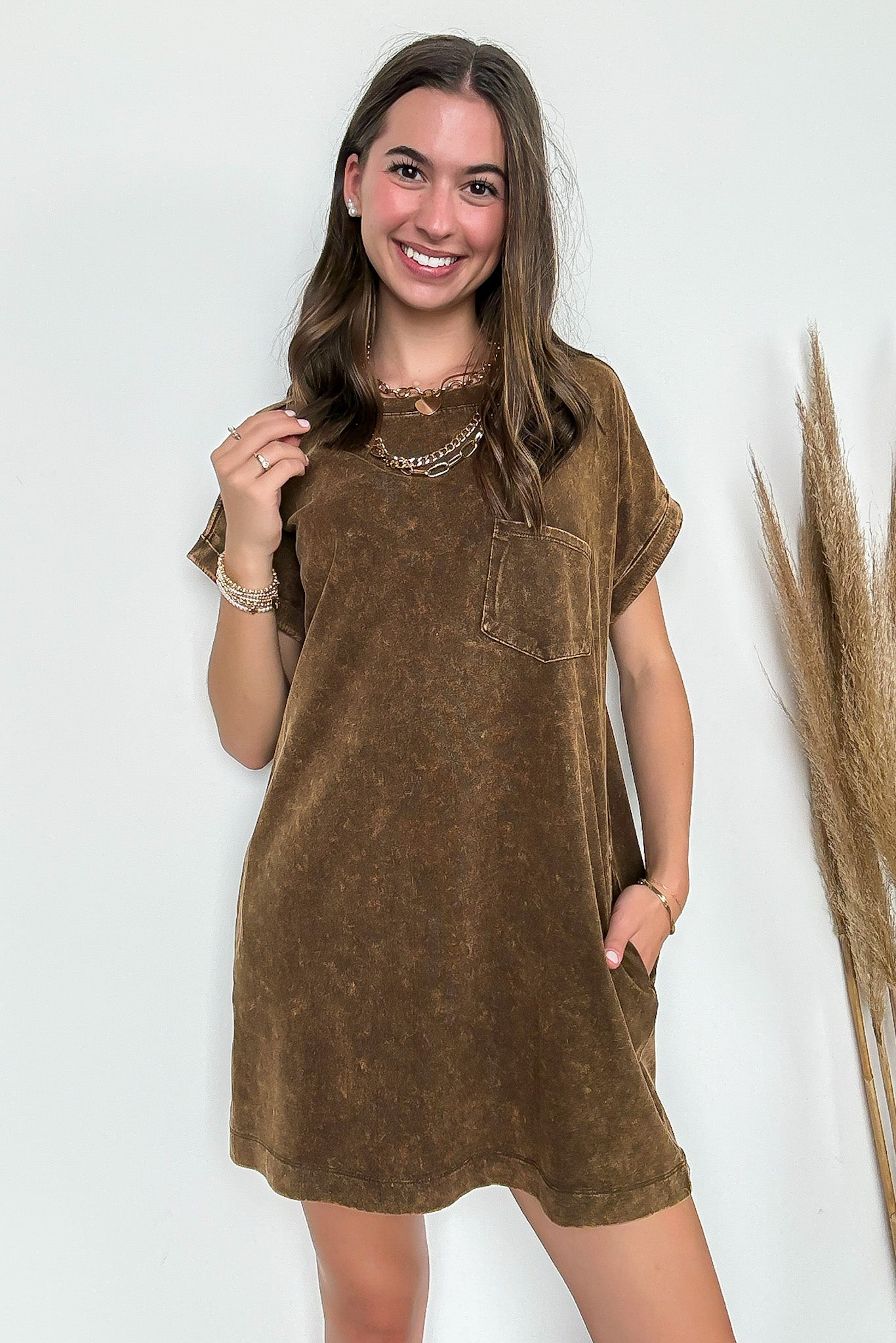 Brown / S Essential Trend Acid Wash T-Shirt Dress - Madison and Mallory
