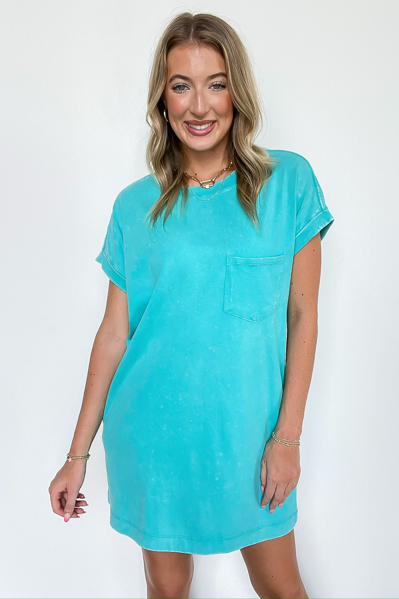 Turquoise / S Essential Trend Acid Wash T-Shirt Dress - Madison and Mallory