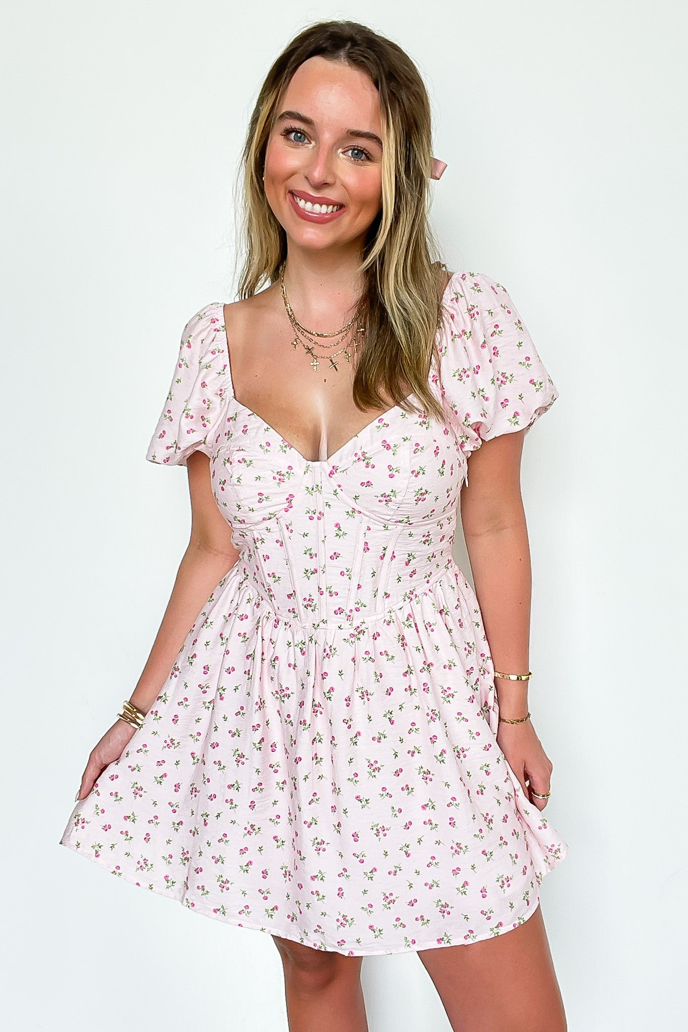 XS / Light Pink Evangeline Puff Sleeve Sweetheart Neckline Bustier Dress - Madison and Mallory