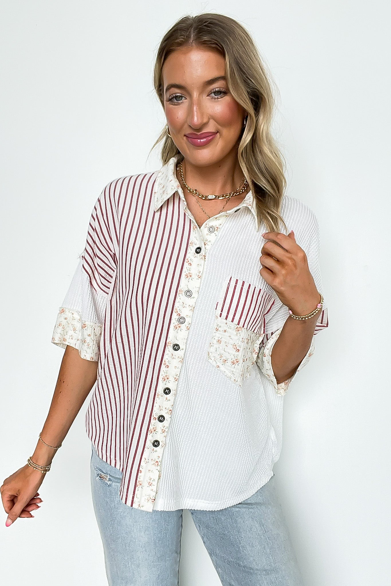 Everyday Ease Floral and Stripes Contrast Button Down Top - Madison and Mallory