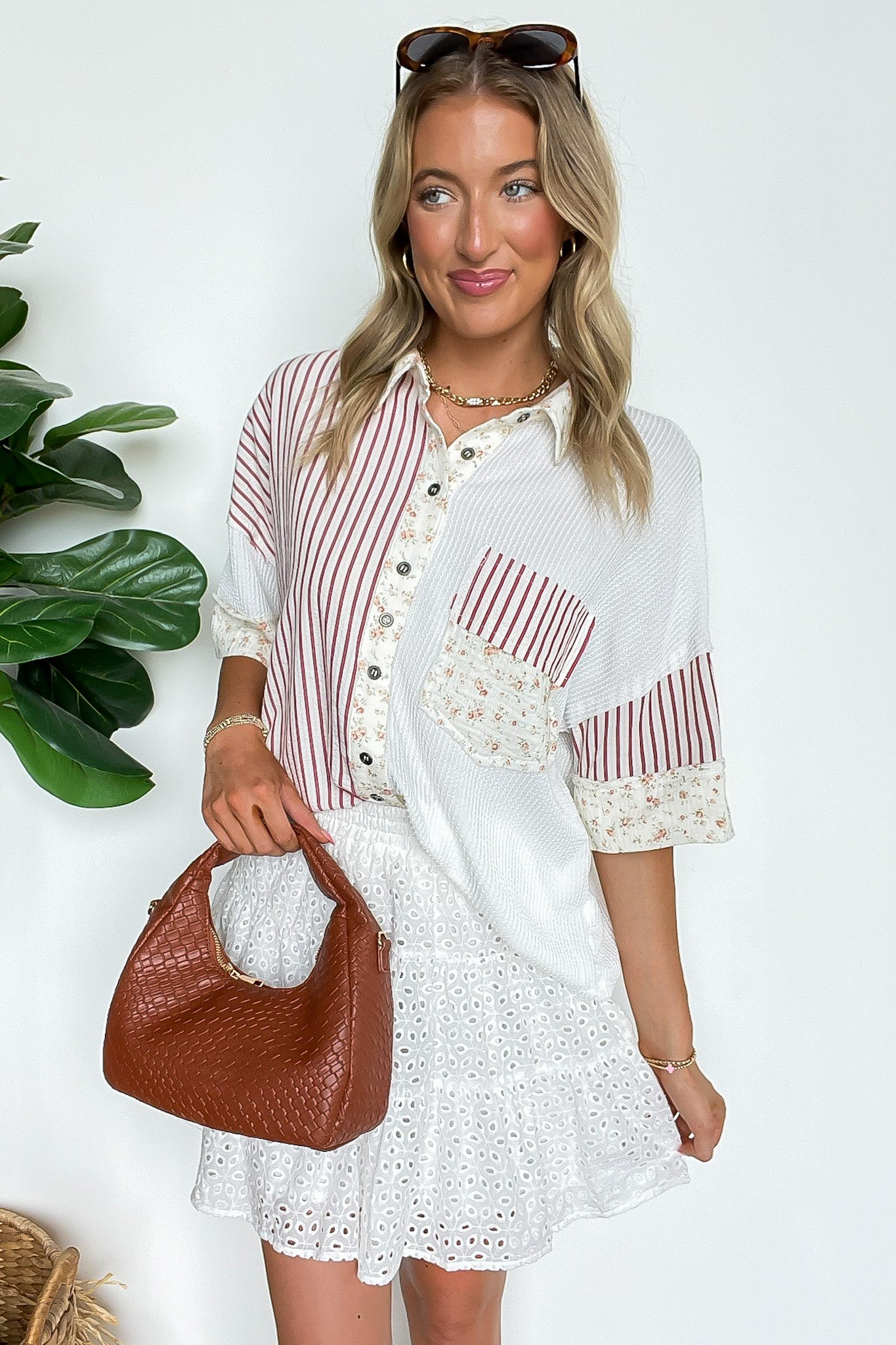 Everyday Ease Floral and Stripes Contrast Button Down Top - Madison and Mallory