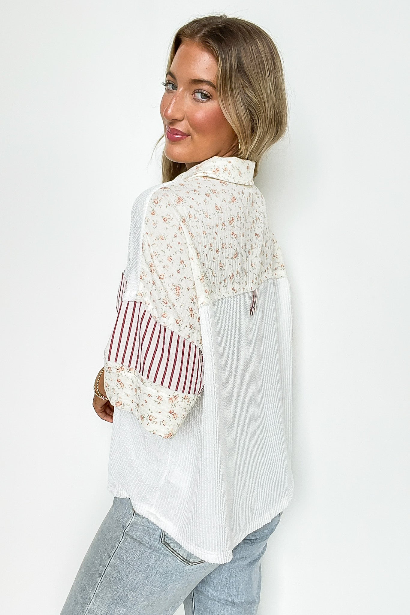 Everyday Ease Floral and Stripes Contrast Button Down Top - Madison and Mallory