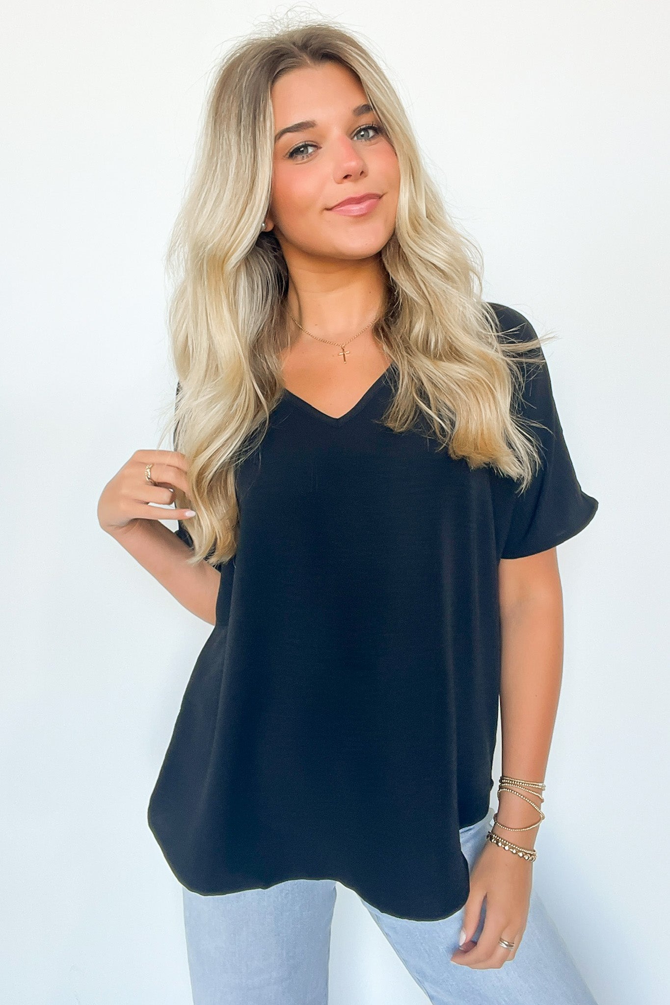 Black / S Evlynn V-Neck Short Sleeve Top - BACK IN STOCK - Madison and Mallory