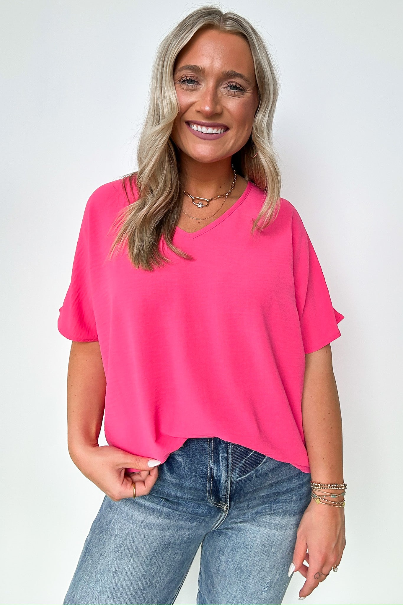Fuchsia / S Evlynn V-Neck Short Sleeve Top - BACK IN STOCK - Madison and Mallory