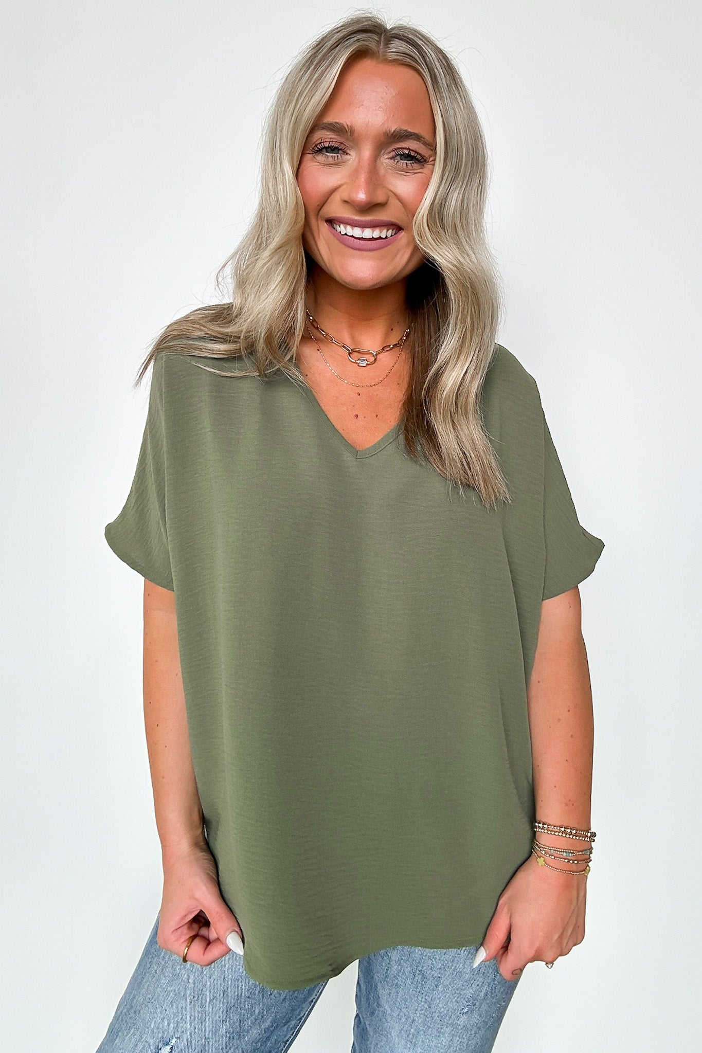 Light Olive / S Evlynn V-Neck Short Sleeve Top - BACK IN STOCK - Madison and Mallory