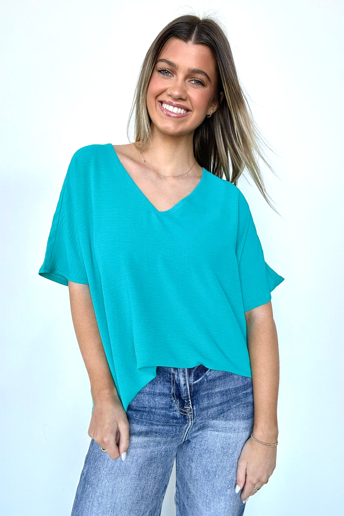 Light Teal / S Evlynn V-Neck Short Sleeve Top - BACK IN STOCK - Madison and Mallory