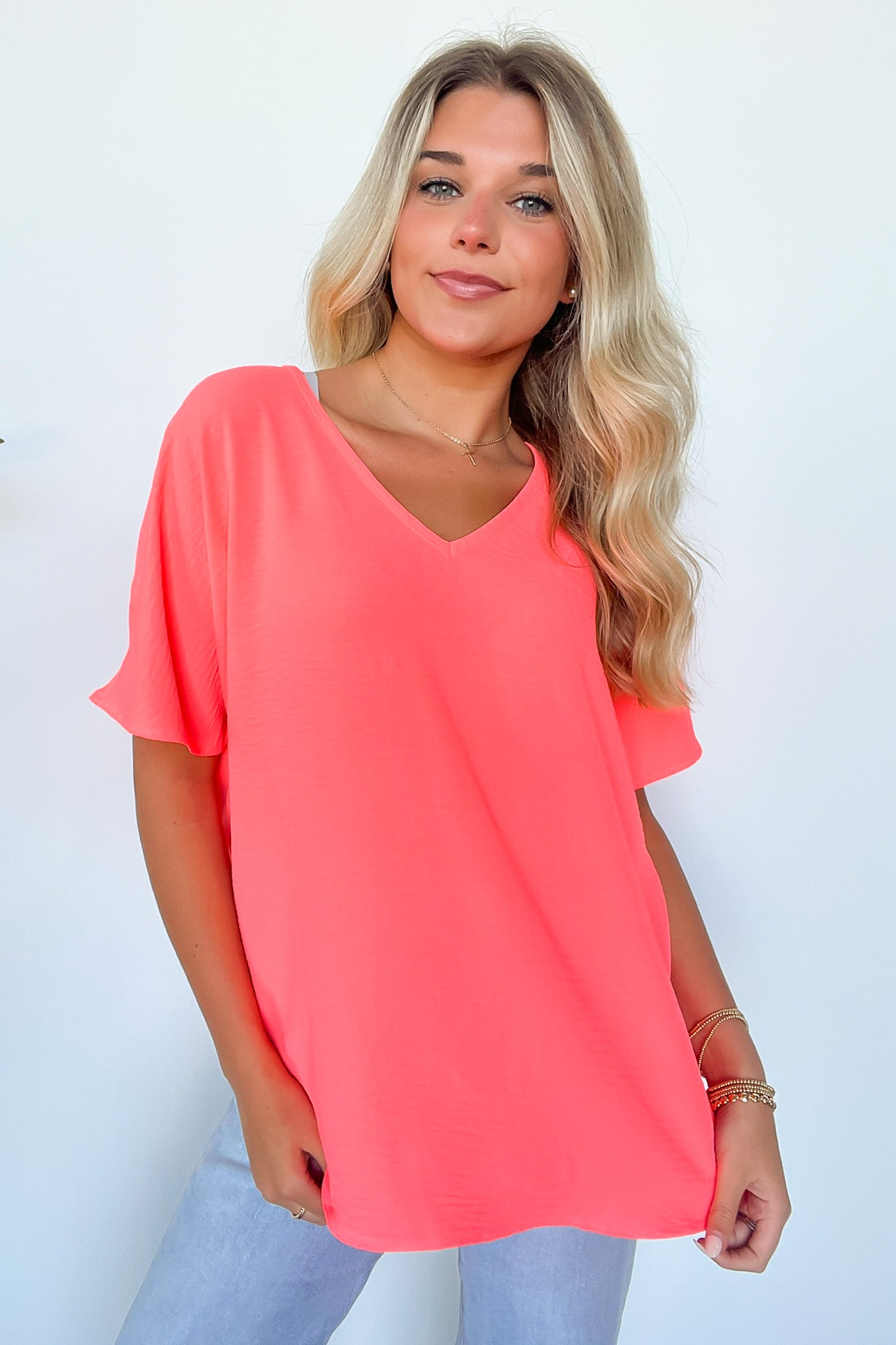 Neon Peach / S Evlynn V-Neck Short Sleeve Top - BACK IN STOCK - Madison and Mallory