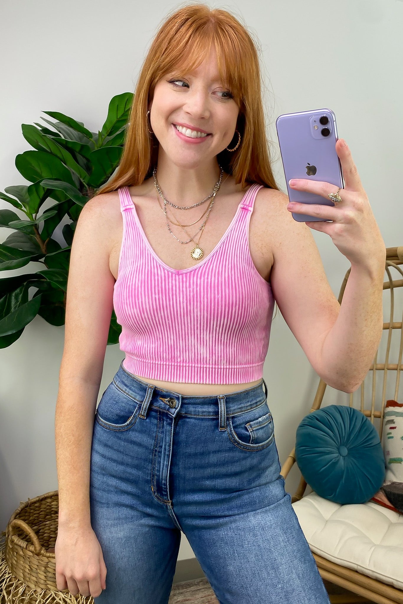 Candy Pink / SM Farran Washed Ribbed Padded Bra Tank Top - FINAL SALE - Madison and Mallory