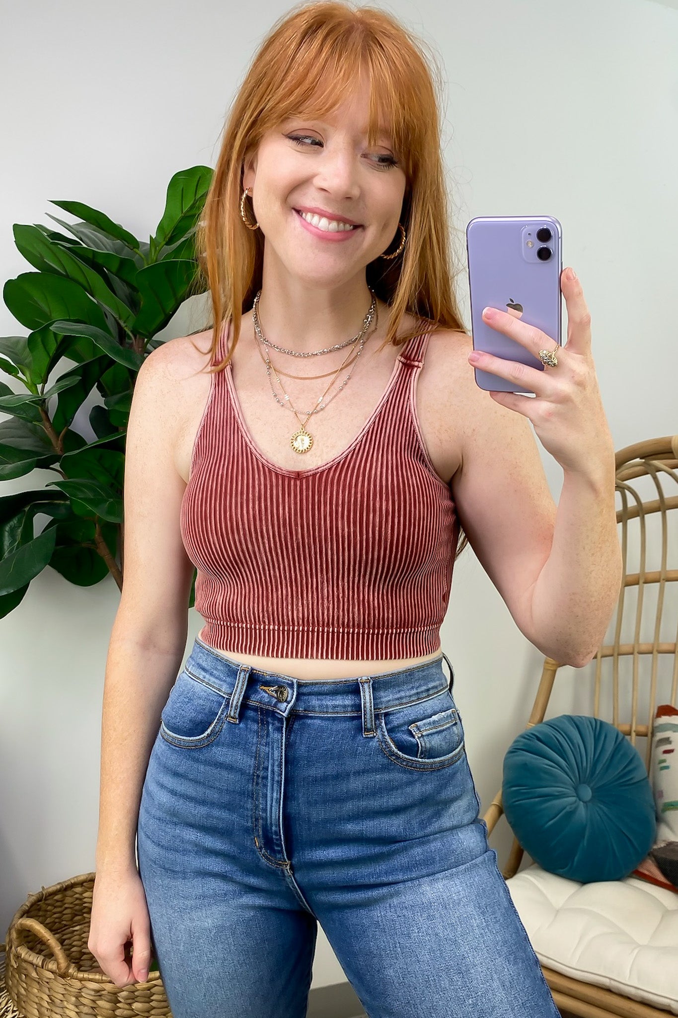 Dark Rust / SM Farran Washed Ribbed Padded Bra Tank Top - FINAL SALE - Madison and Mallory