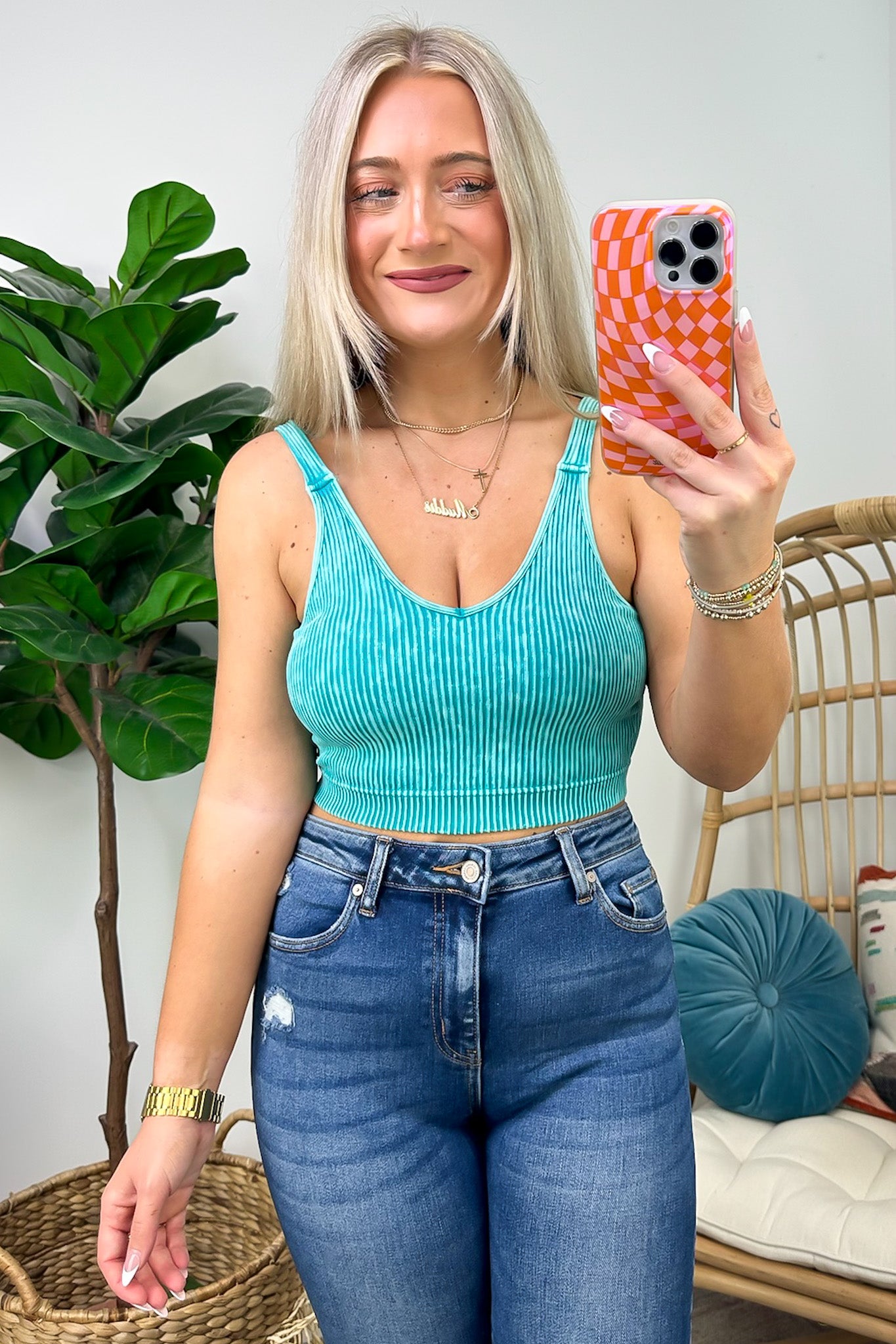 Light Teal / SM Farran Washed Ribbed Padded Bra Tank Top - FINAL SALE - Madison and Mallory