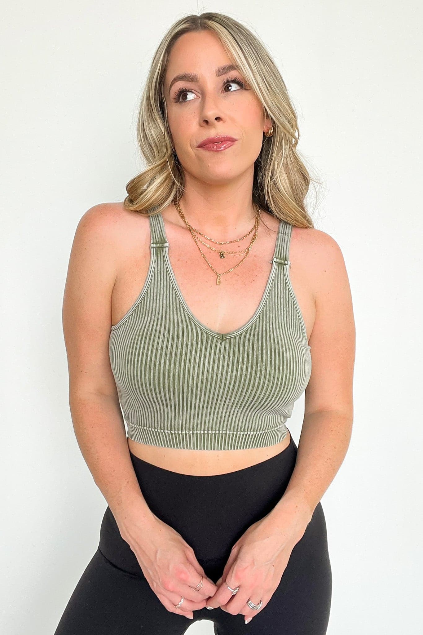 Ash Olive / SM Farran Washed Ribbed Padded Bra Tank Top - FINAL SALE - Madison and Mallory