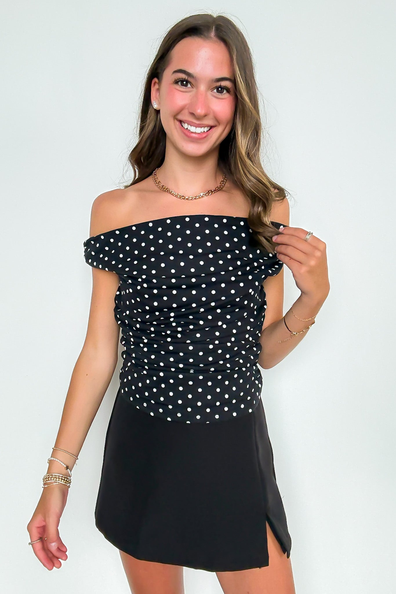 Flirt Dot Off Shoulder Ruched Top - Madison and Mallory