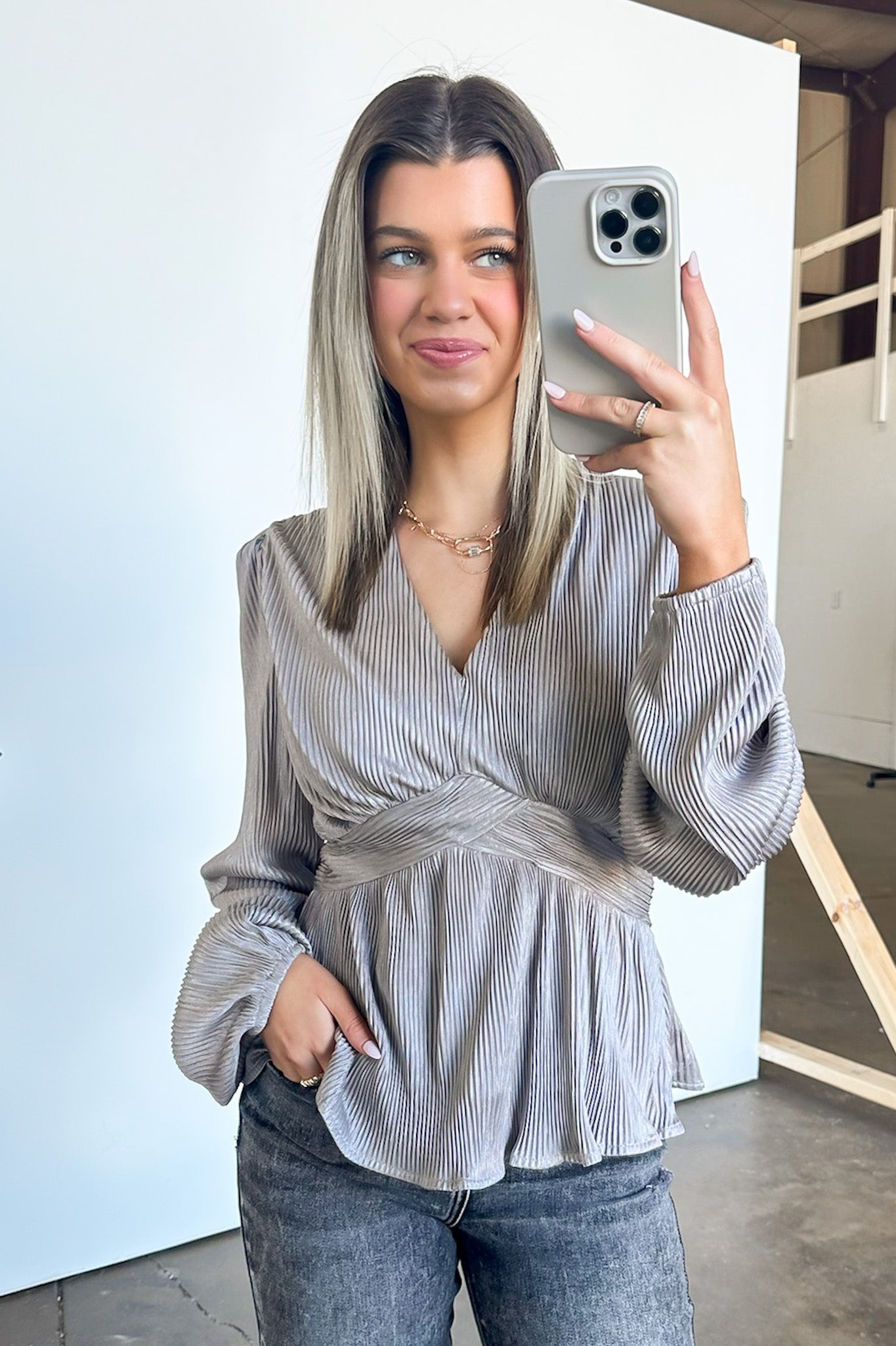 Flirtatious Figure Long Sleeve V-Neck Peplum Top - FINAL SALE - Madison and Mallory