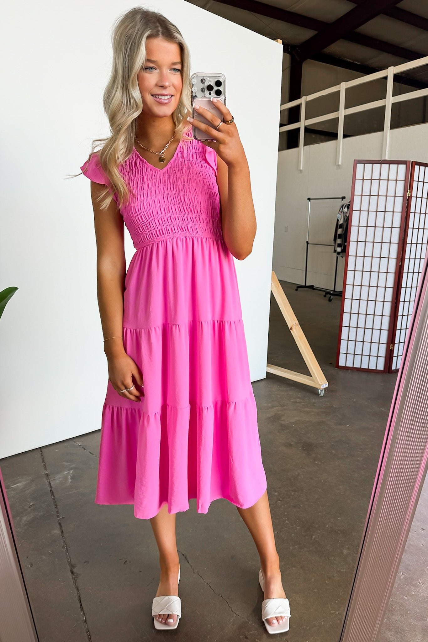 Pink / S Flirty Luxury Flutter Sleeve Tiered Dress - Madison and Mallory