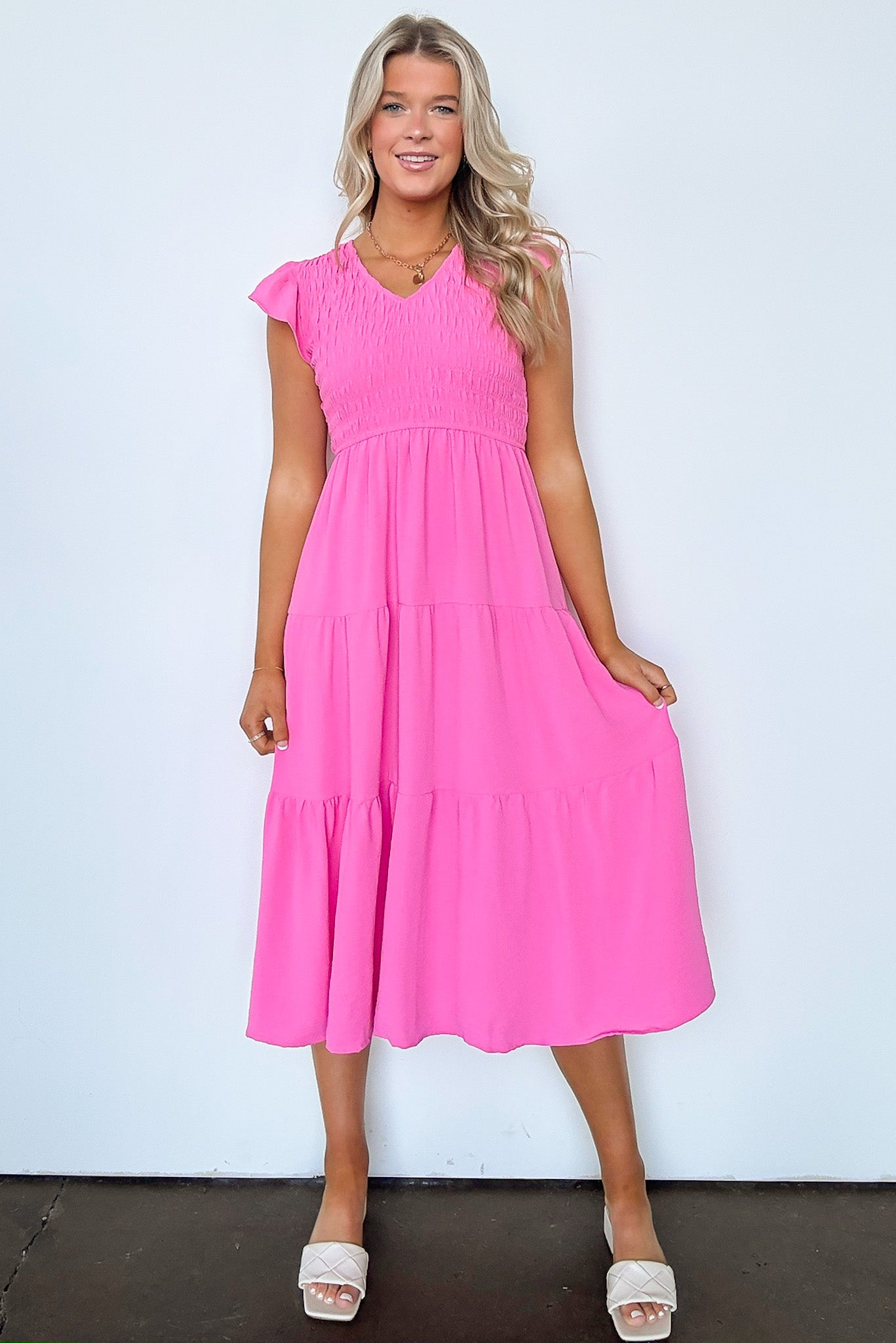  Flirty Luxury Flutter Sleeve Tiered Dress - Madison and Mallory