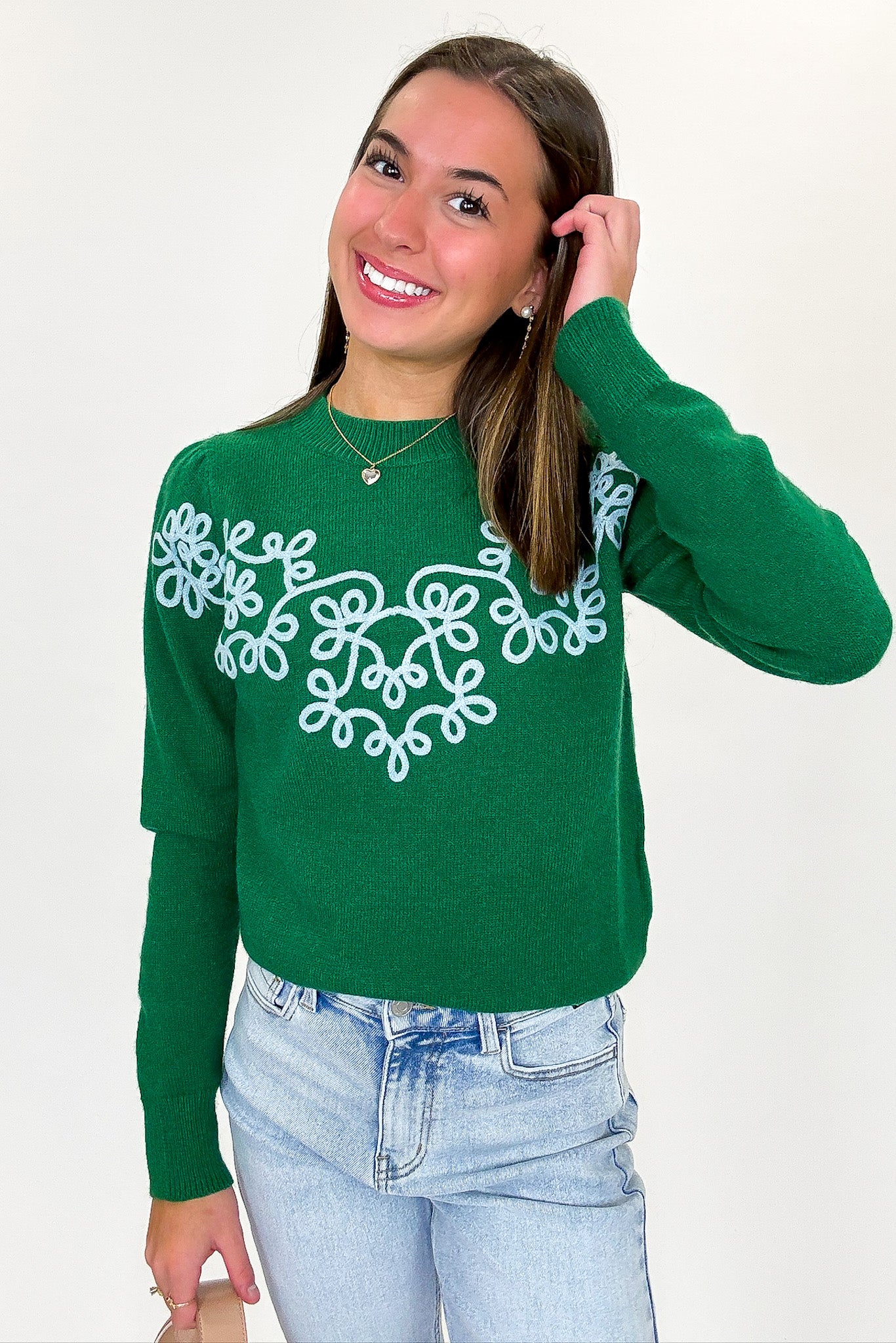 Flora Thread Applique Knit Design Pullover Sweater