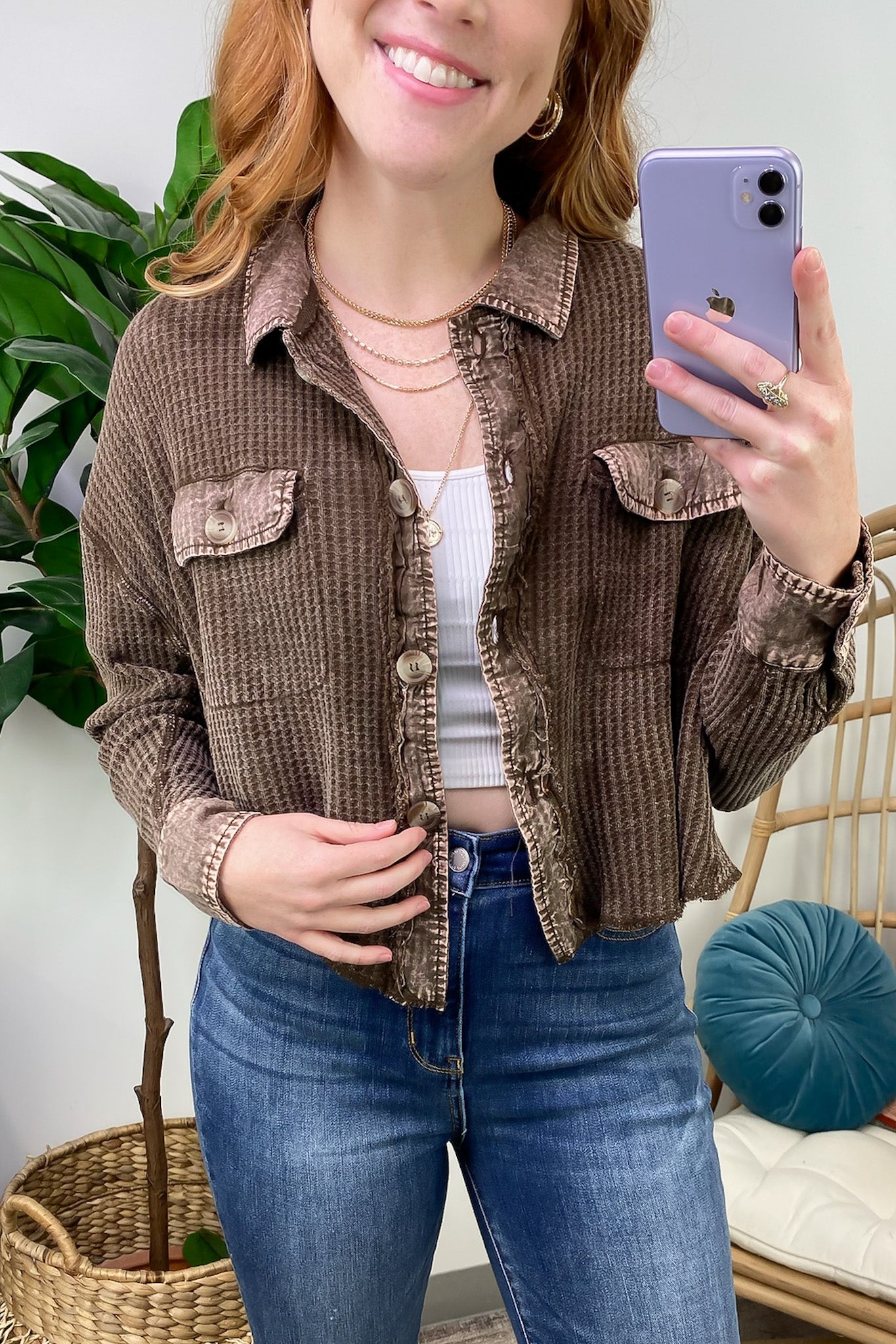 Friday Feelings Acid Wash Cropped Waffle Knit Shacket - FINAL SALE - Madison and Mallory