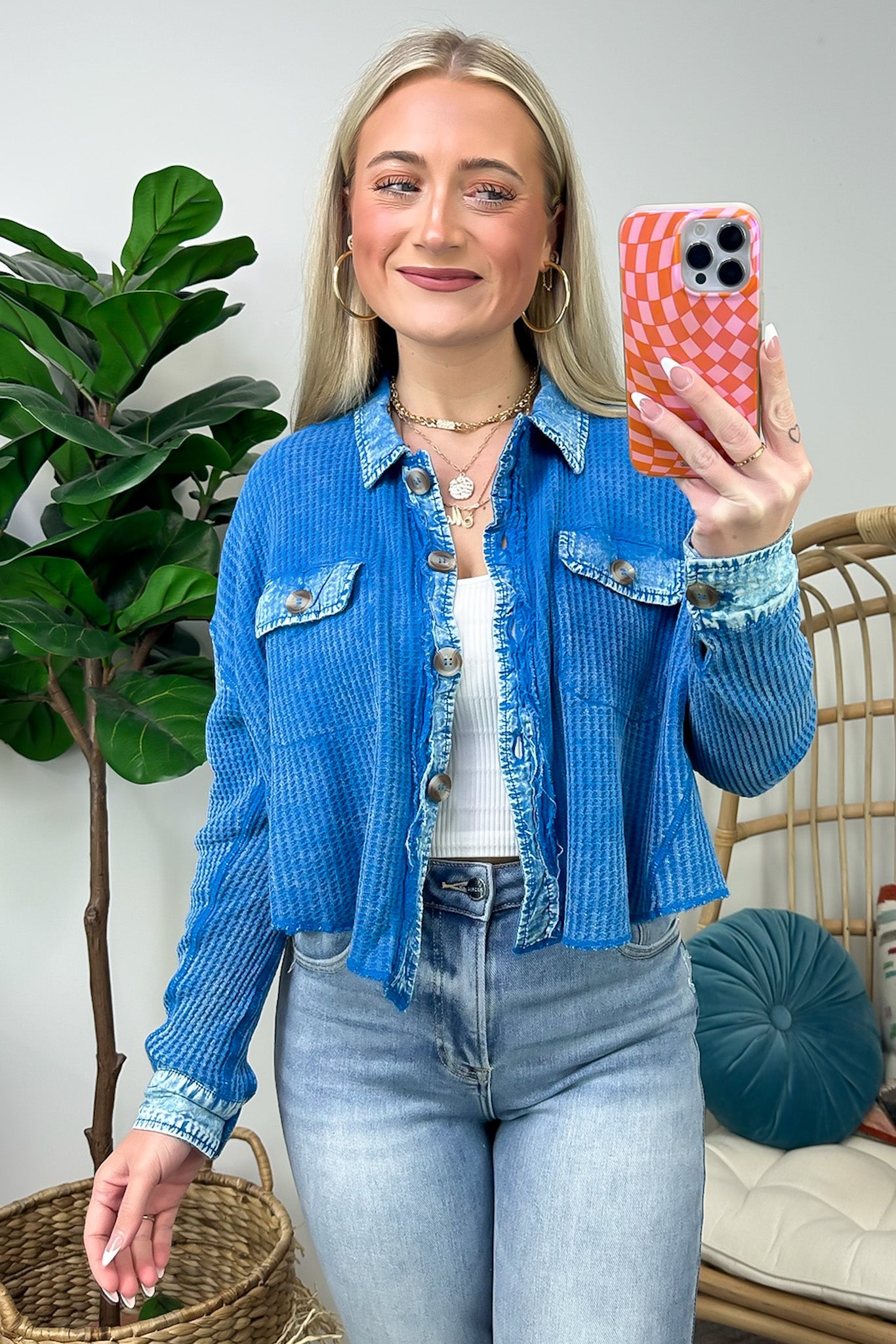 Friday Feelings Acid Wash Cropped Waffle Knit Shacket - FINAL SALE - Madison and Mallory