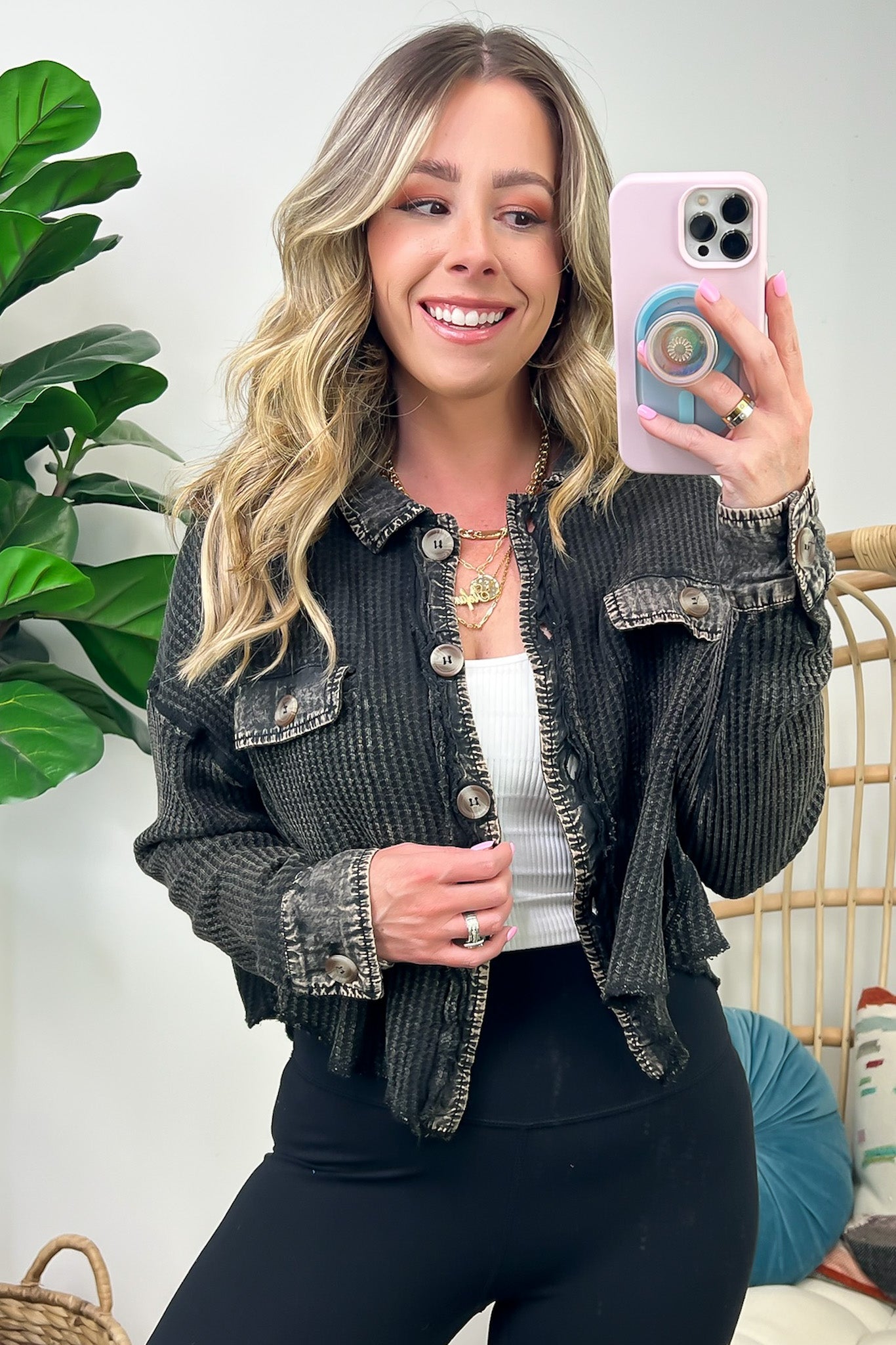 Friday Feelings Acid Wash Cropped Waffle Knit Shacket - FINAL SALE - Madison and Mallory