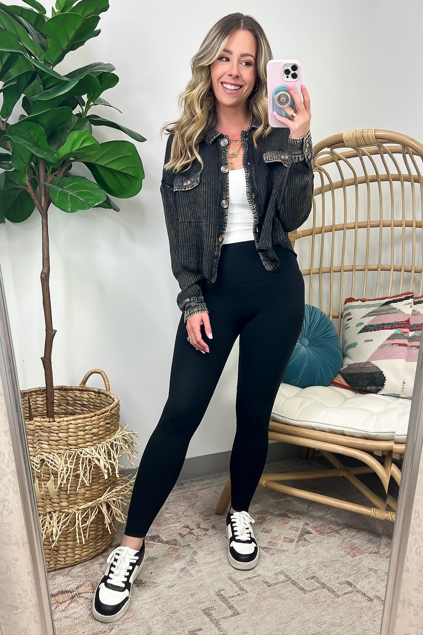 Friday Feelings Acid Wash Cropped Waffle Knit Shacket - FINAL SALE - Madison and Mallory