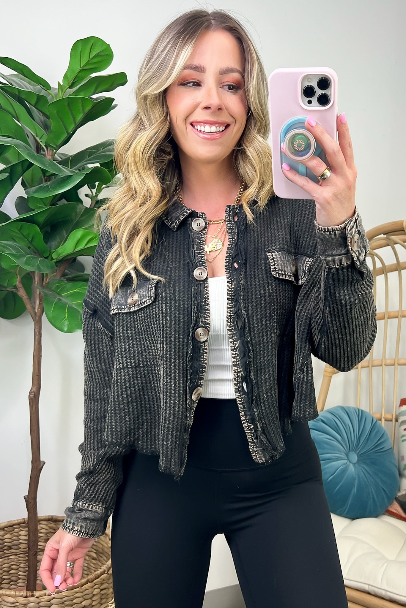 Ash Black / SM Friday Feelings Acid Wash Cropped Waffle Knit Shacket - FINAL SALE - Madison and Mallory