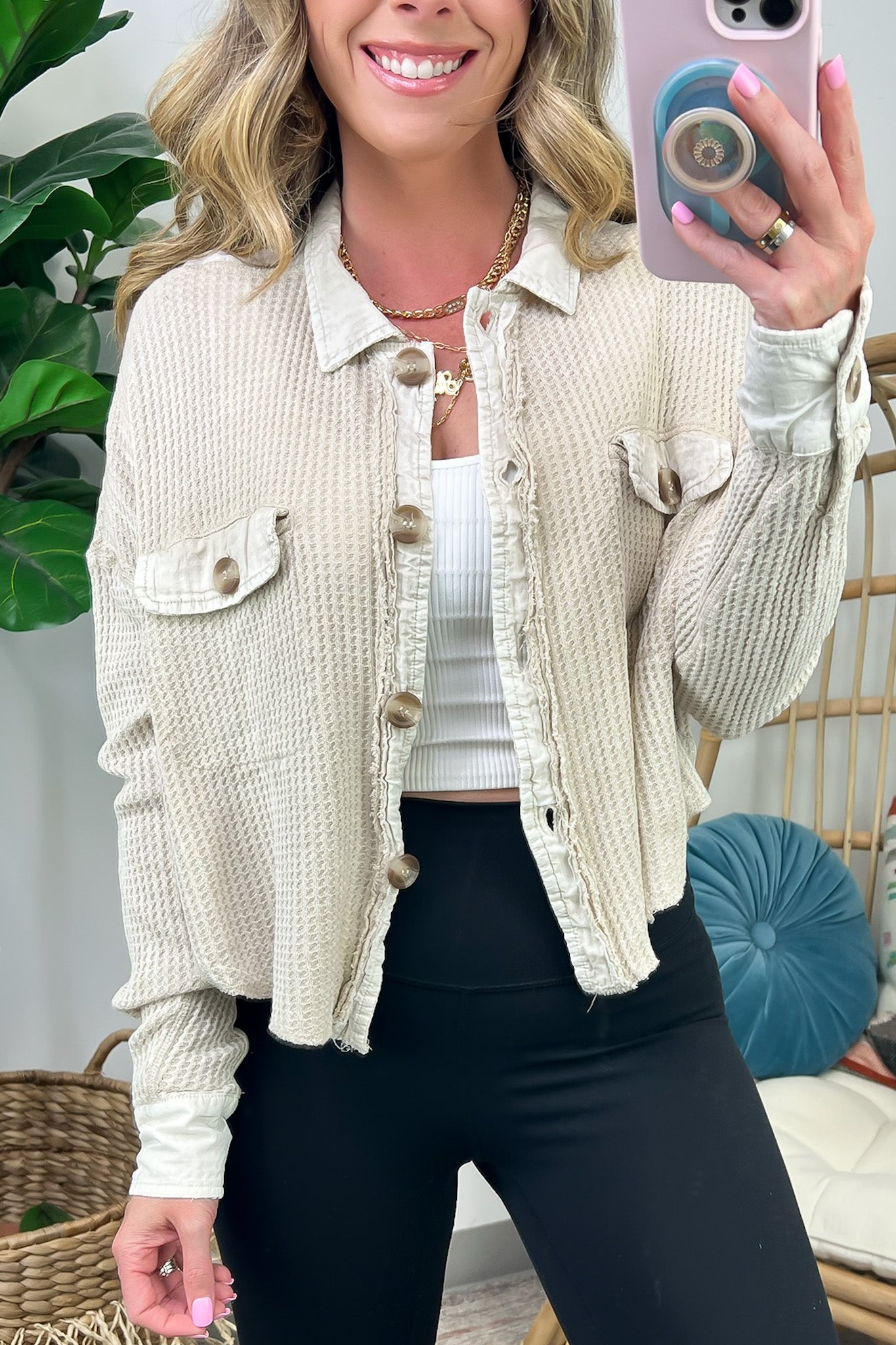 Friday Feelings Acid Wash Cropped Waffle Knit Shacket - FINAL SALE - Madison and Mallory