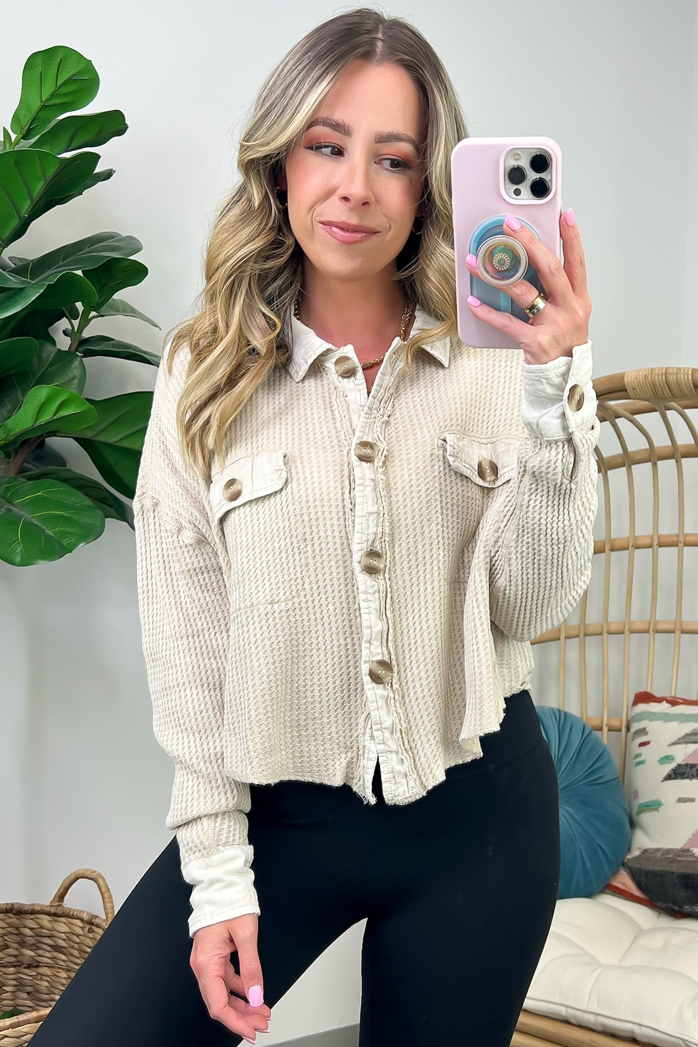 Friday Feelings Acid Wash Cropped Waffle Knit Shacket - FINAL SALE - Madison and Mallory