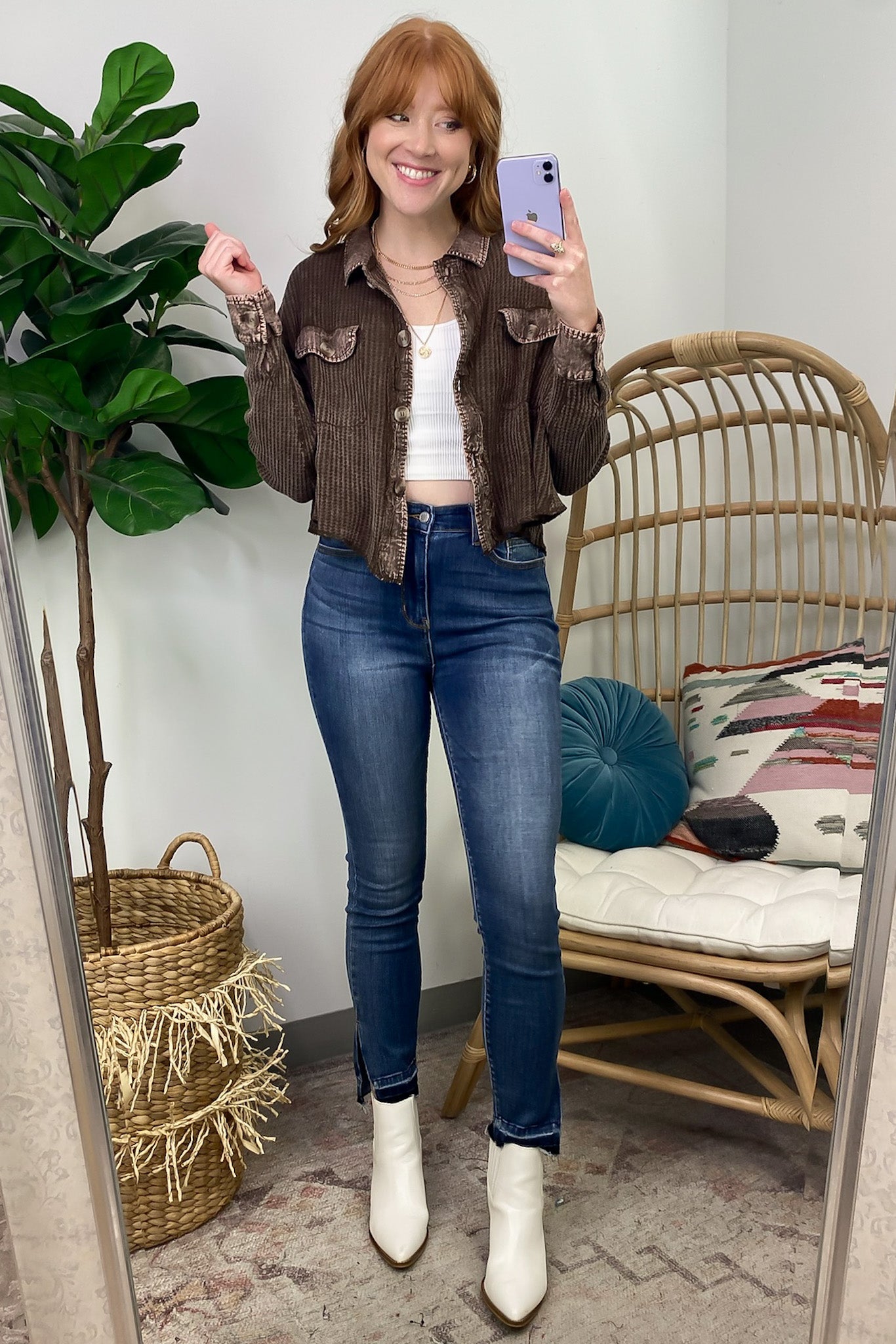 Friday Feelings Acid Wash Cropped Waffle Knit Shacket - FINAL SALE - Madison and Mallory