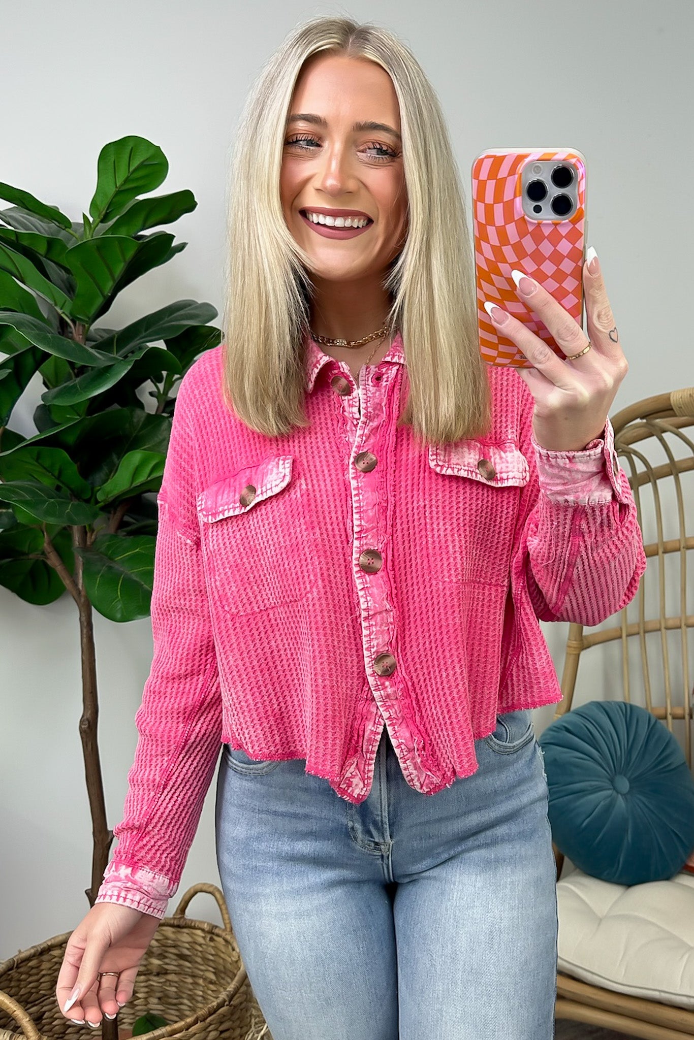 Friday Feelings Acid Wash Cropped Waffle Knit Shacket - FINAL SALE - Madison and Mallory