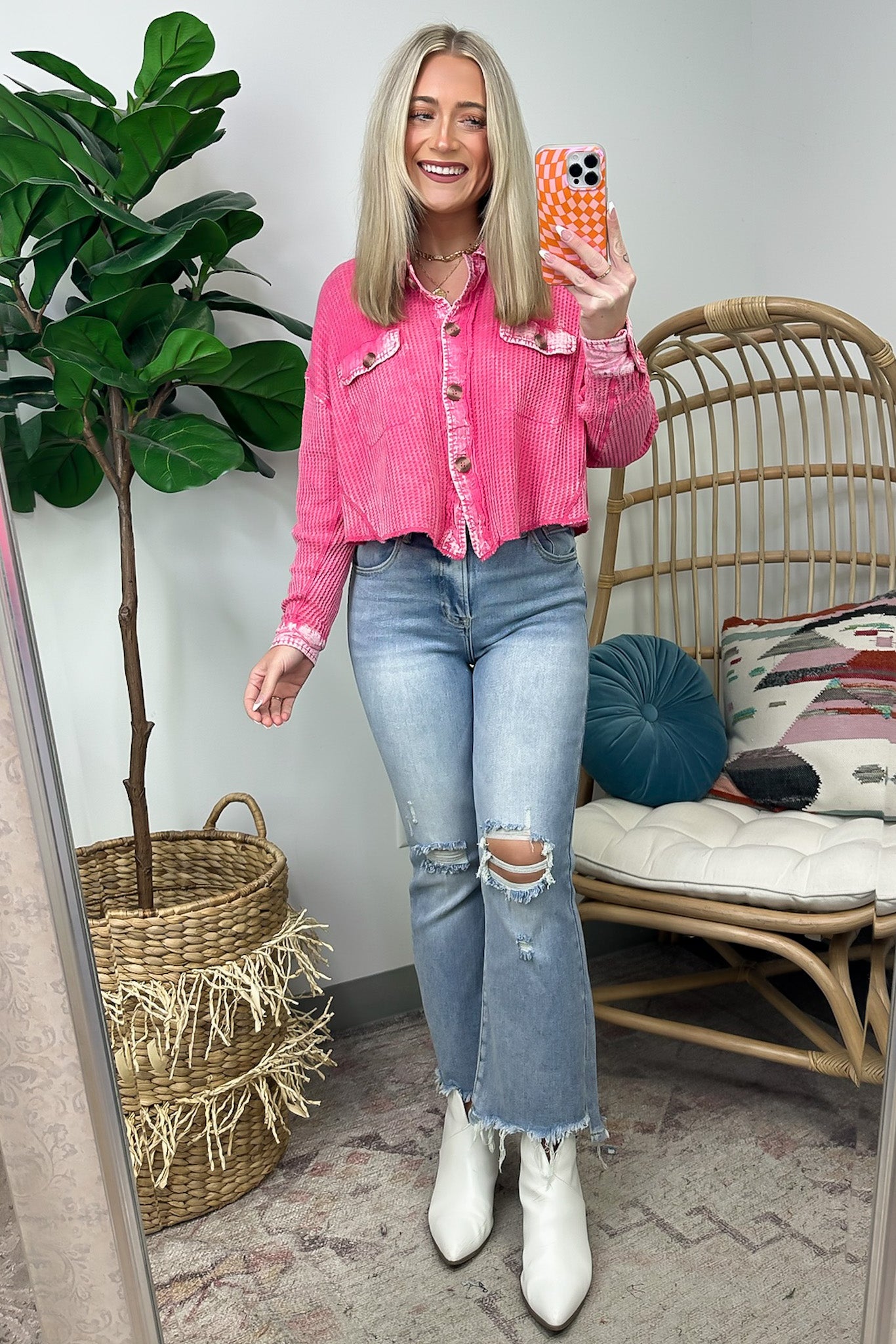 Friday Feelings Acid Wash Cropped Waffle Knit Shacket - FINAL SALE - Madison and Mallory