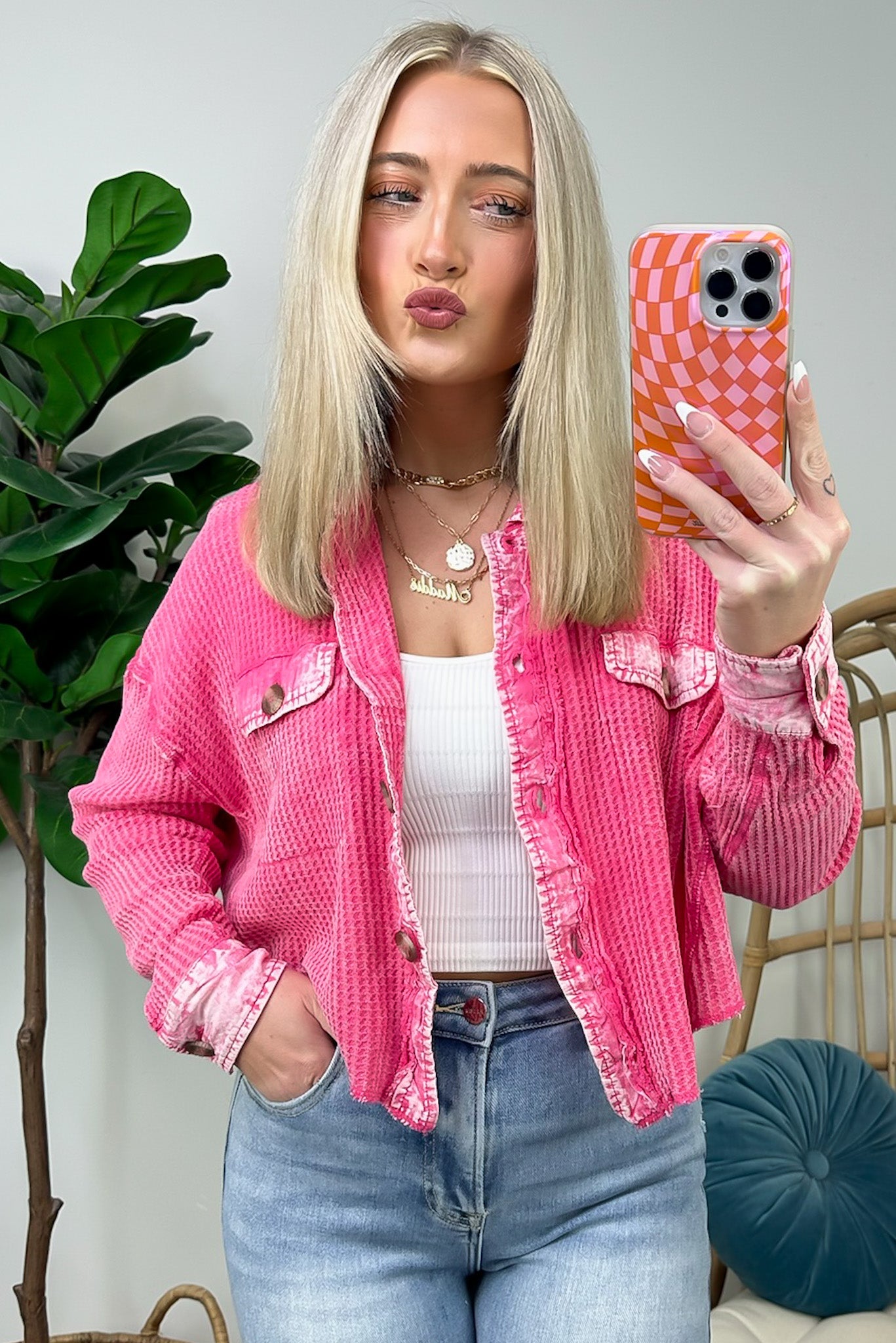 Fuchsia / SM Friday Feelings Acid Wash Cropped Waffle Knit Shacket - FINAL SALE - Madison and Mallory